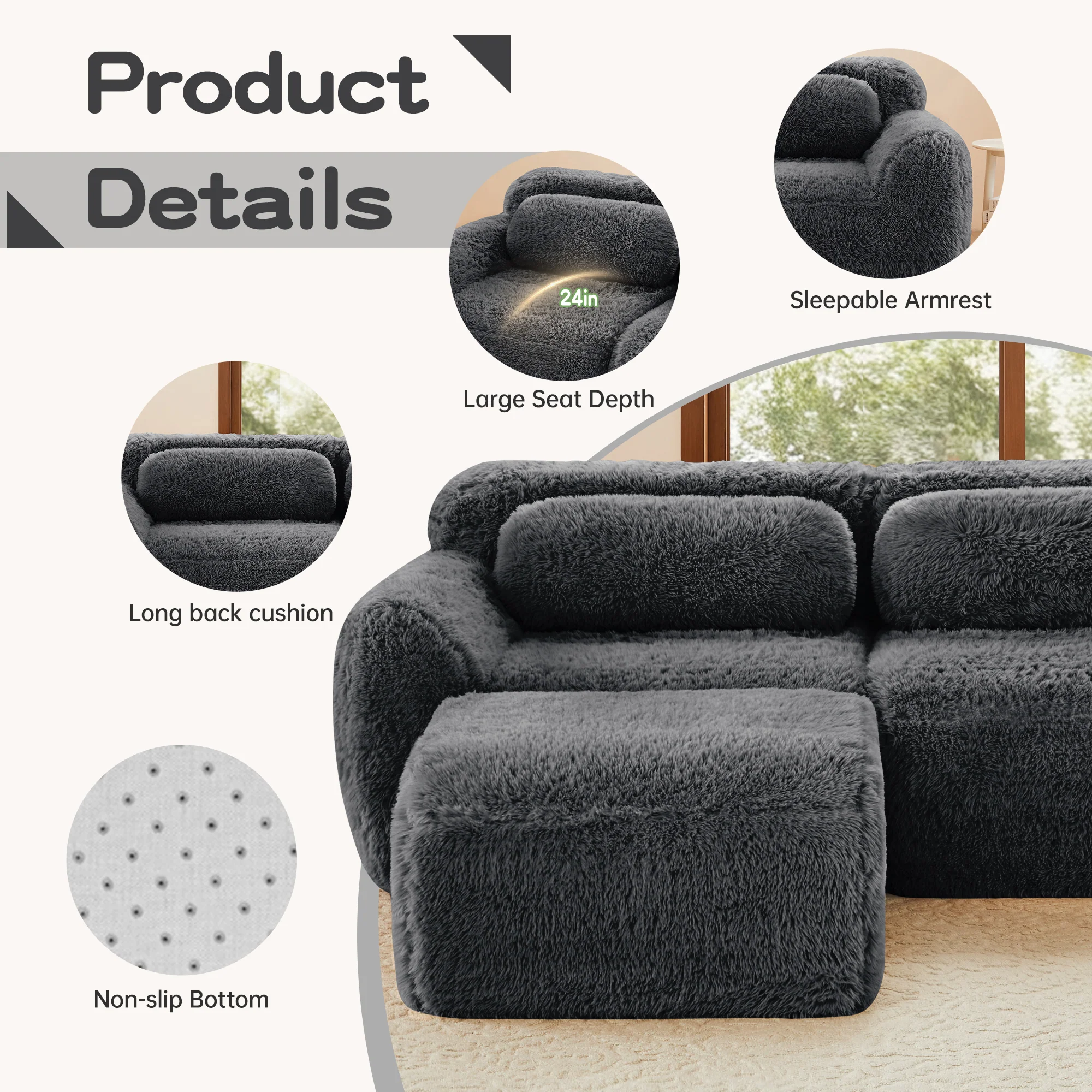 Soft And Fluffy Plush Boneless Modular Sofa with Ottoman - Image 48