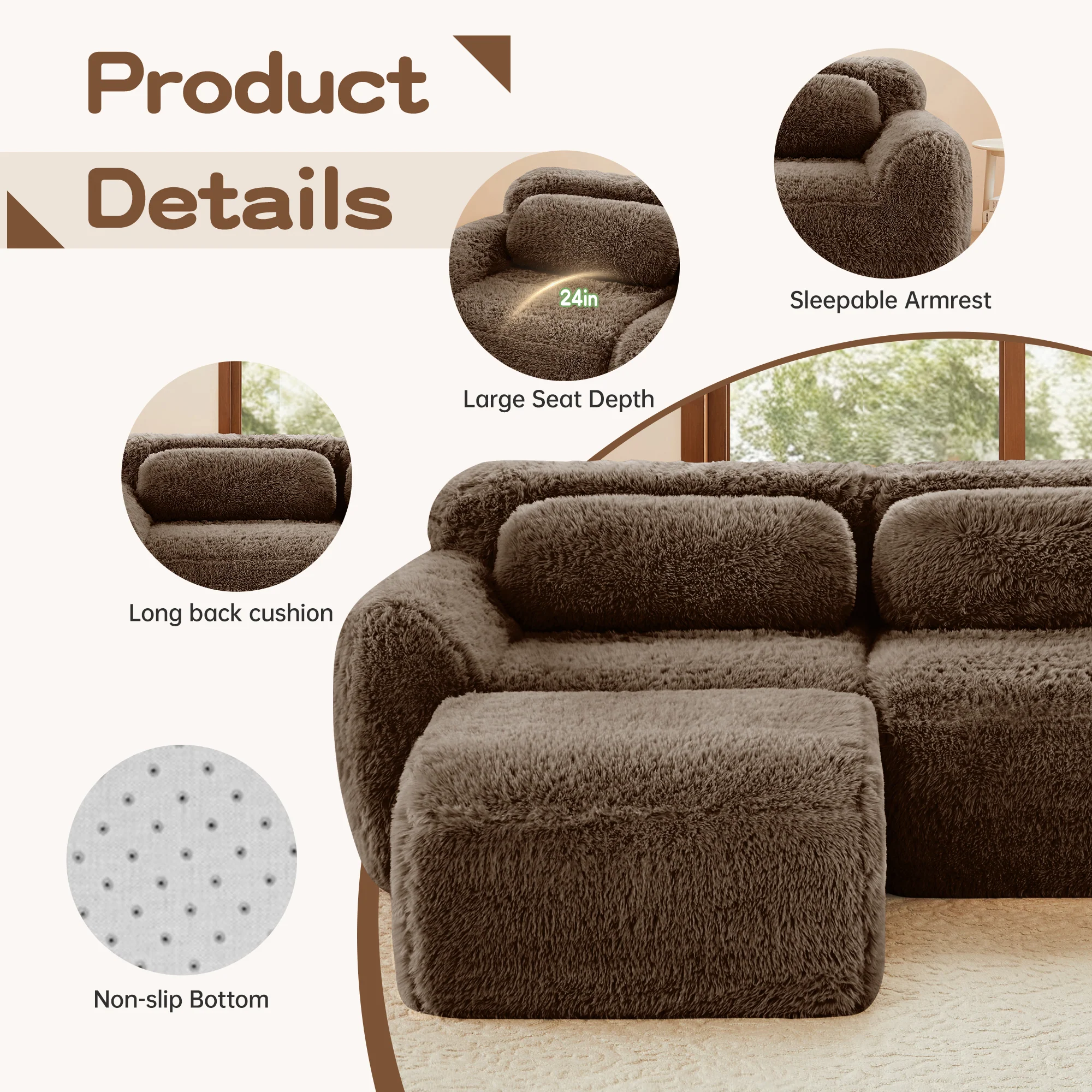 Soft Fluffy Plush Fabric 2-seater Modular Sectional Sofa Couch - Image 10