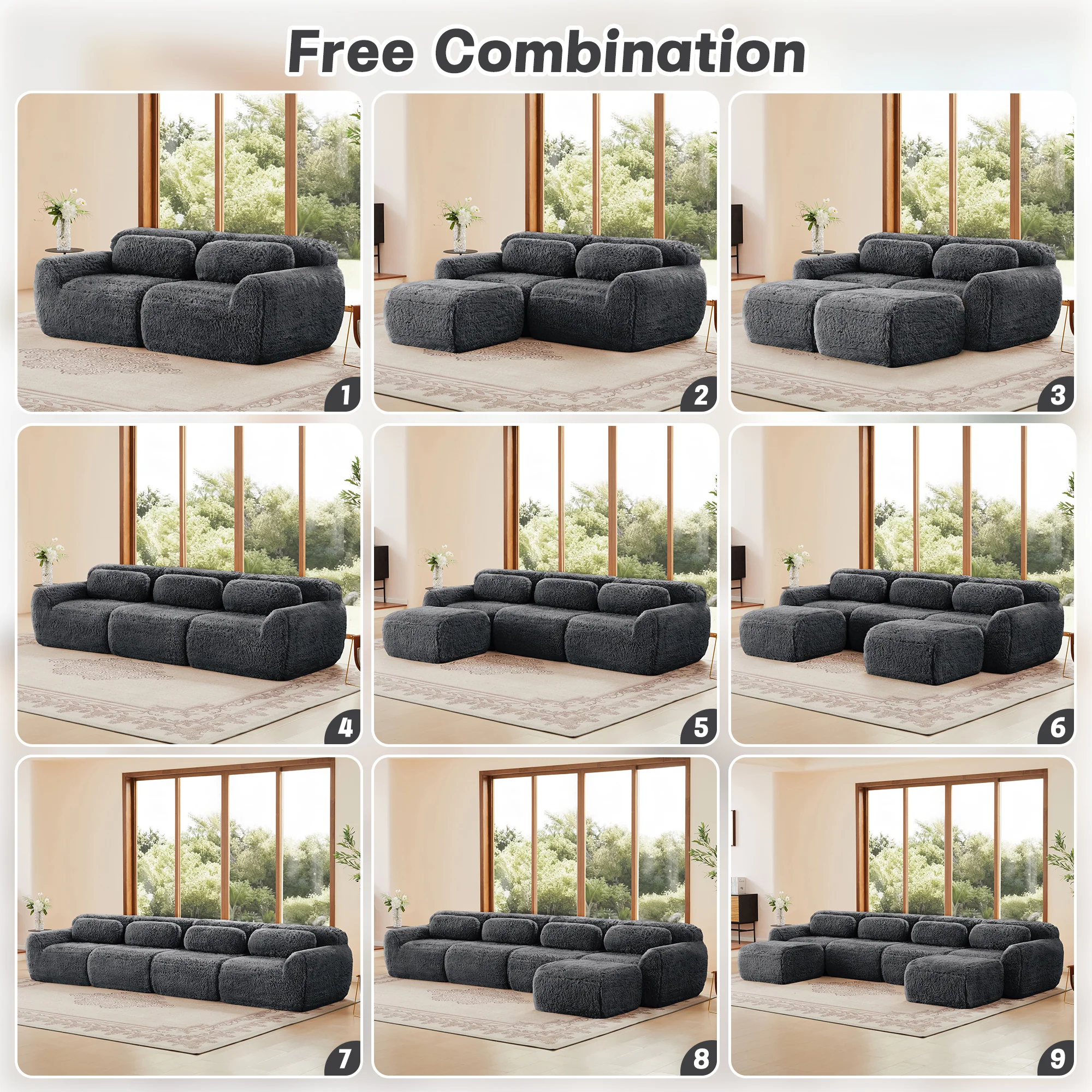 Soft Teddy Plush Ergonomic Design L-shaped Loveseat Sofa with Ottoman - Image 14