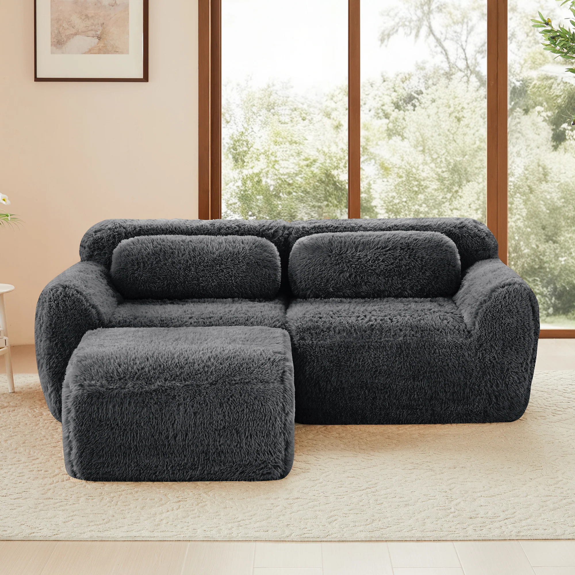 Soft Teddy Plush Ergonomic Design L-shaped Loveseat Sofa with Ottoman - Image 3