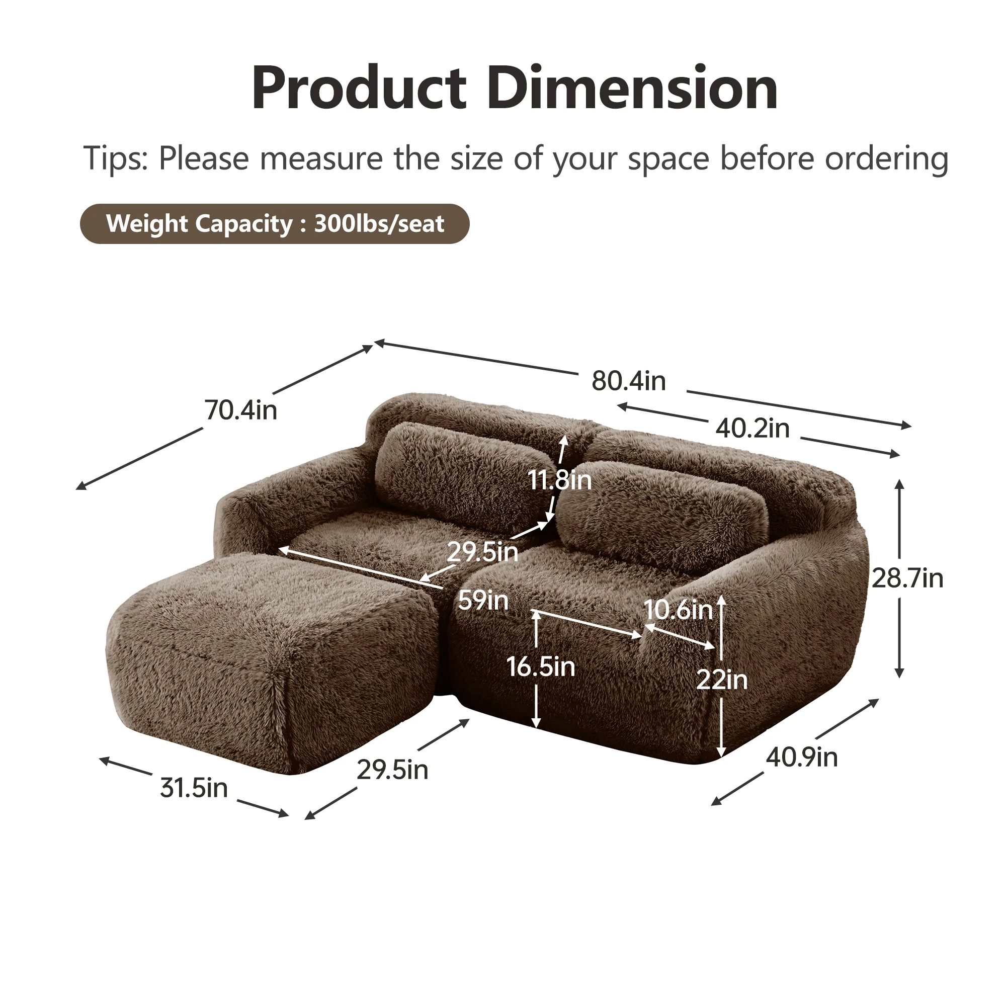 Soft Teddy Plush Ergonomic Design L-shaped Loveseat Sofa with Ottoman - Image 30