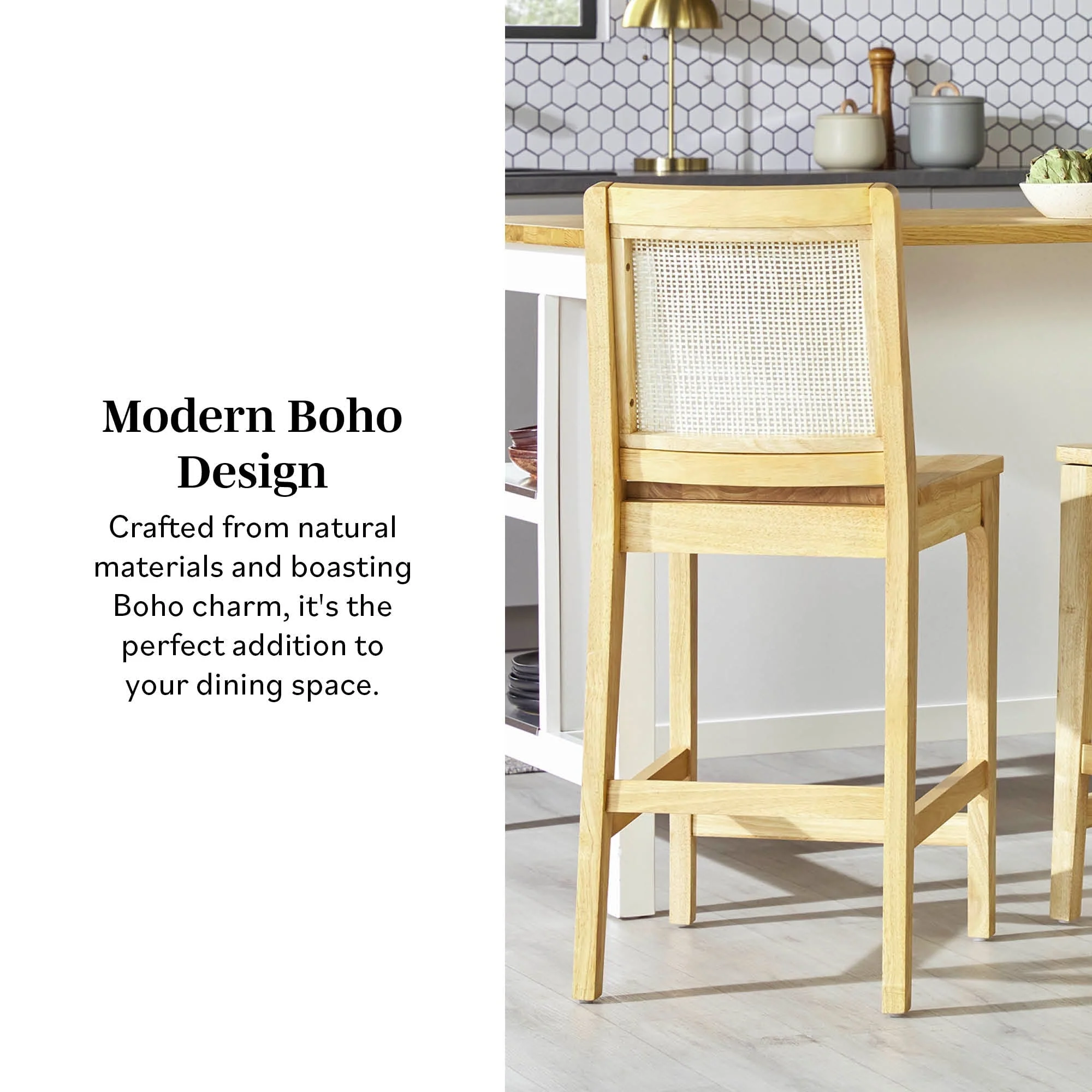 Catalina Solid Wood Bar Stool with Rattan Back Insert, Set of 2 - Image 5