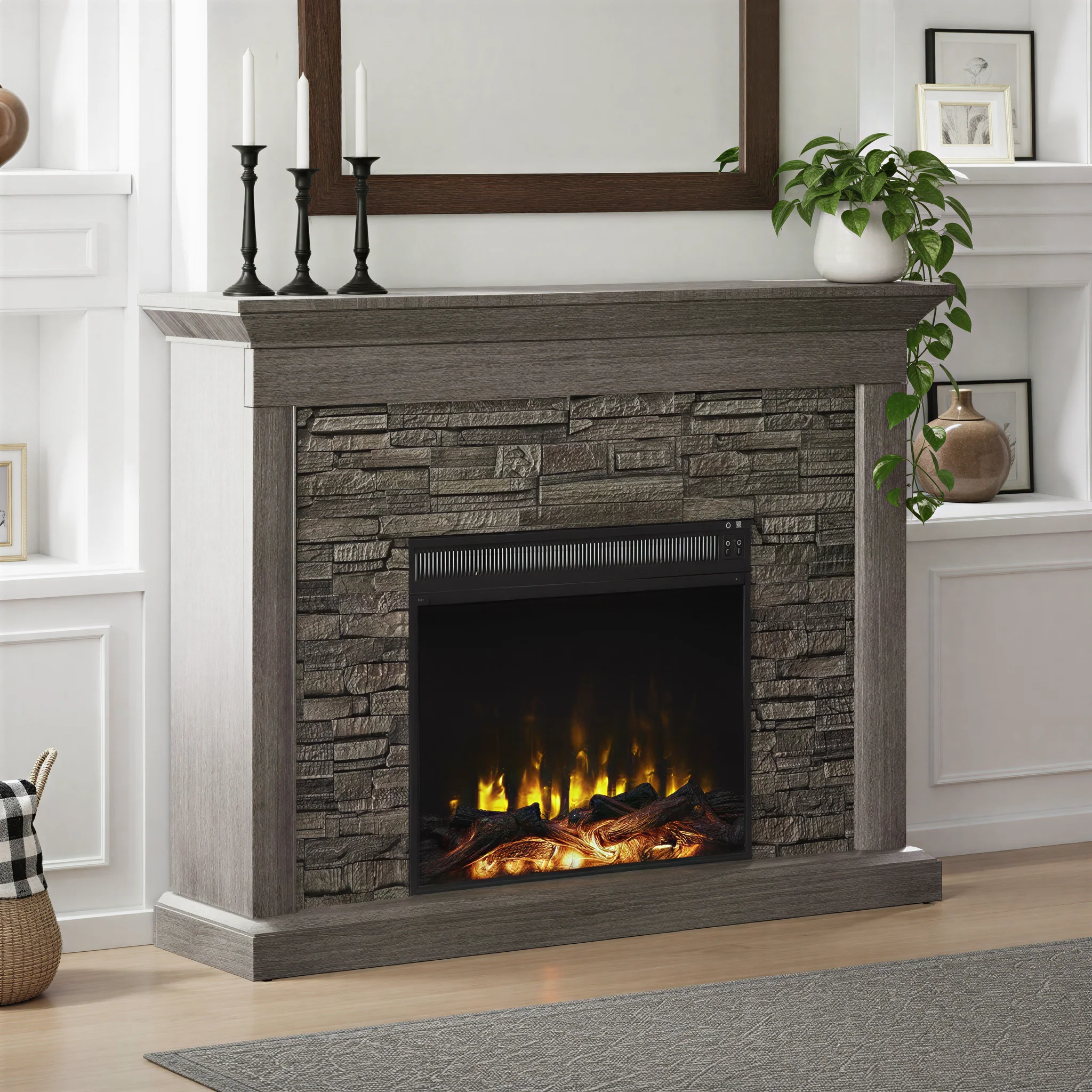 Stacked Stone Wall Mantel with Electric Fireplace