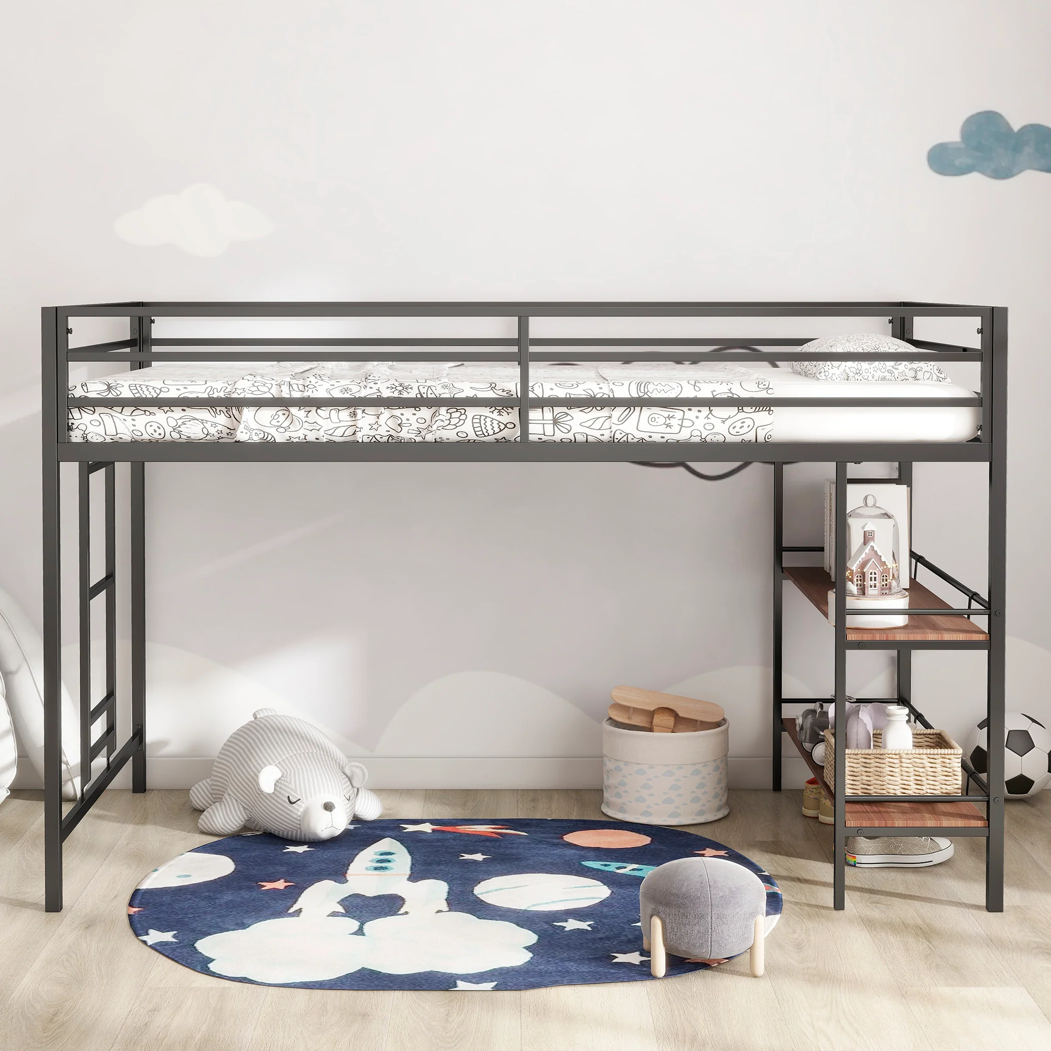 Walker Edison | Sturdy Junior Twin Loft Bunk Bed black with Wood Shelf - Image 2