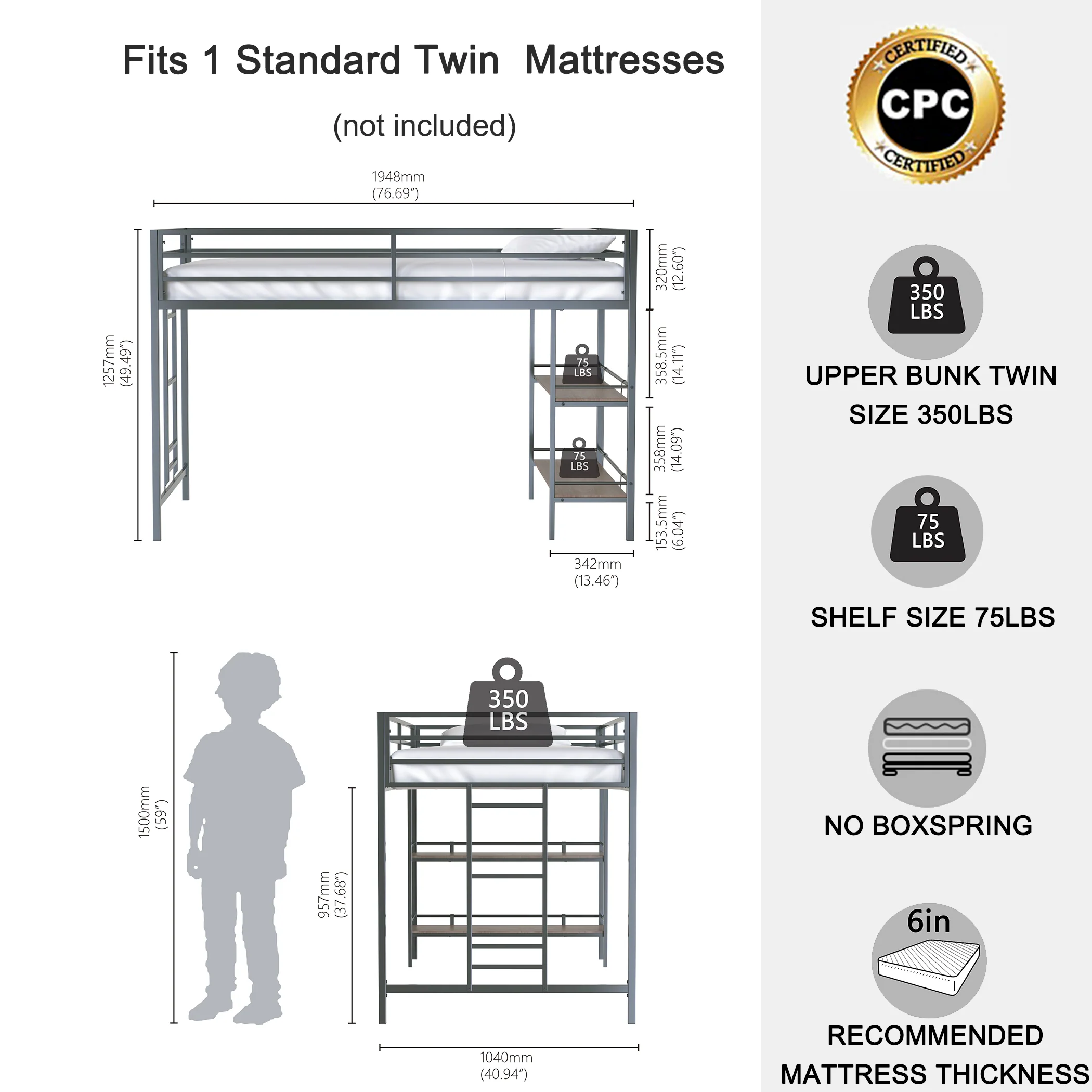 Walker Edison | Sturdy Junior Twin Loft Bunk Bed black with Wood Shelf - Image 6