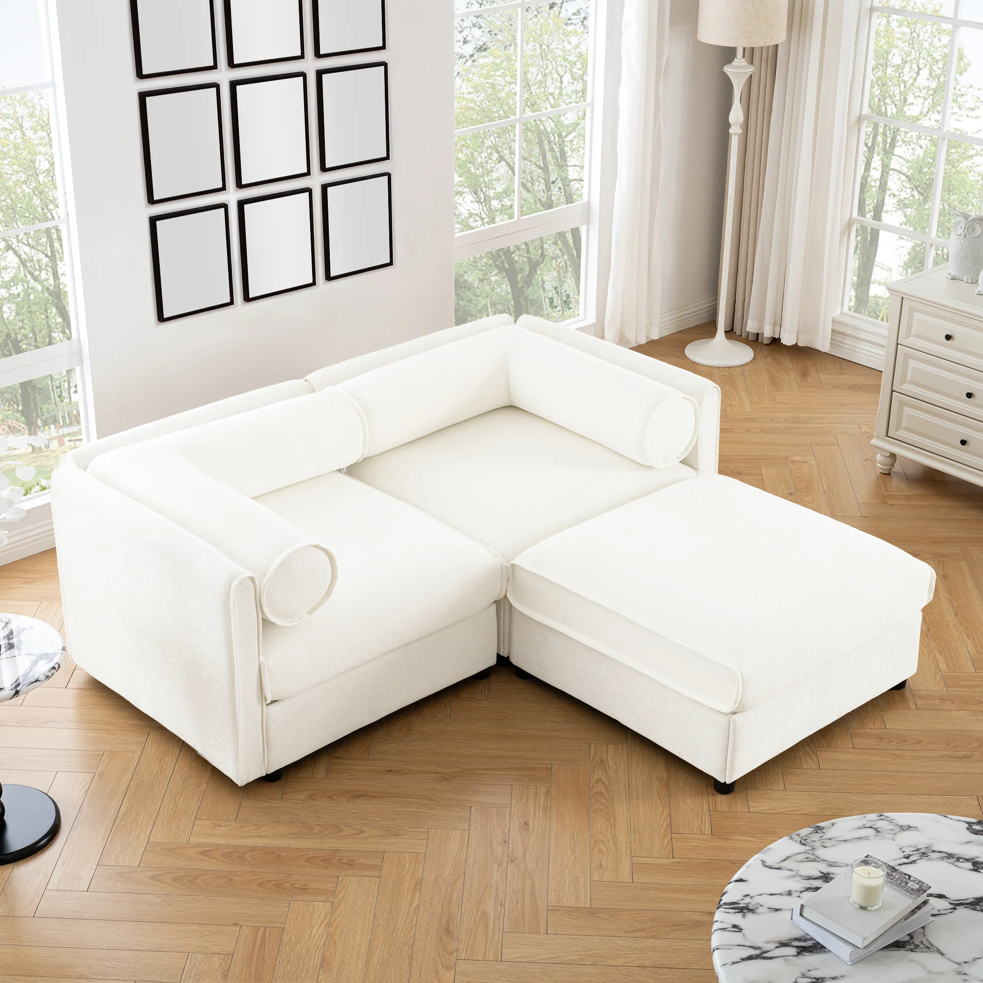 Walker Edison | Stylish Modern Chenille Loveseat Sofa with Ottoman Storage - Image 3