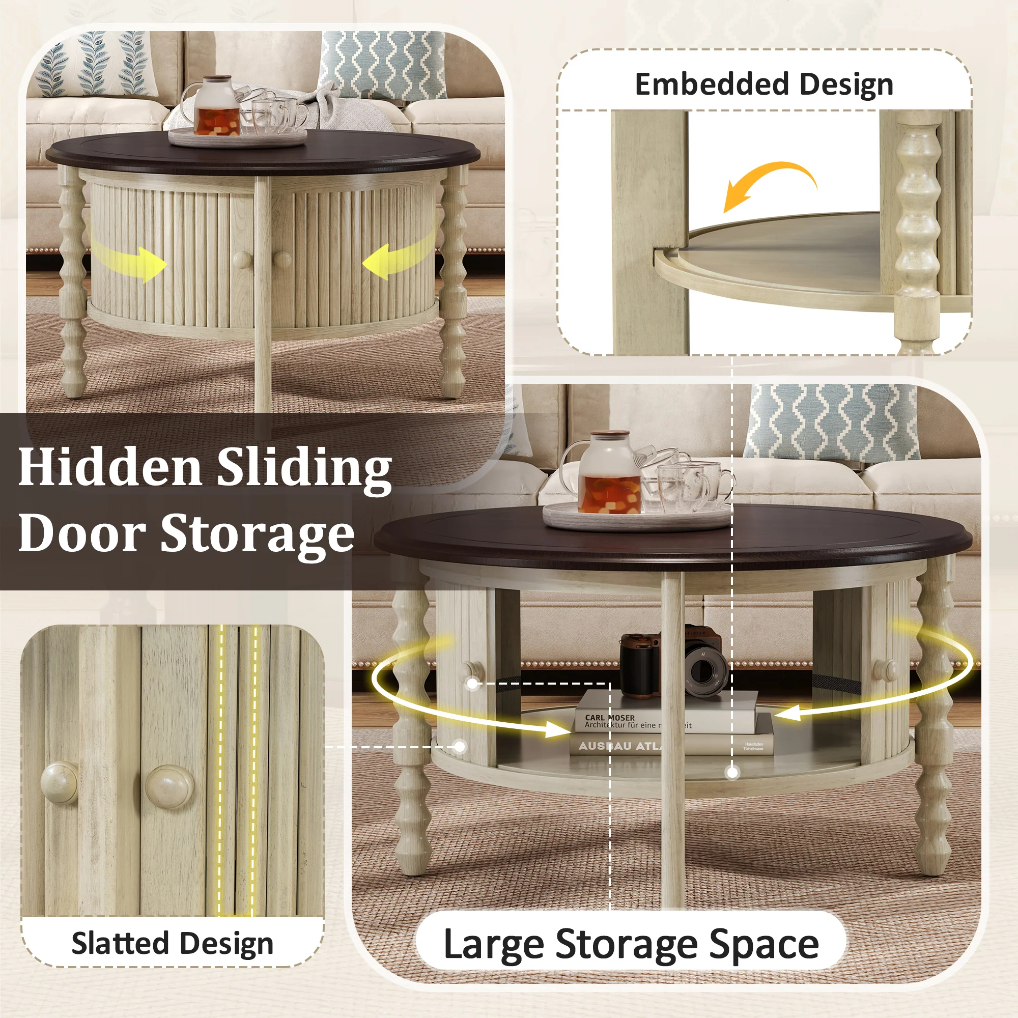 Traditional Design Round 30.3' Coffee Table with Storage Sliding Door - Image 10