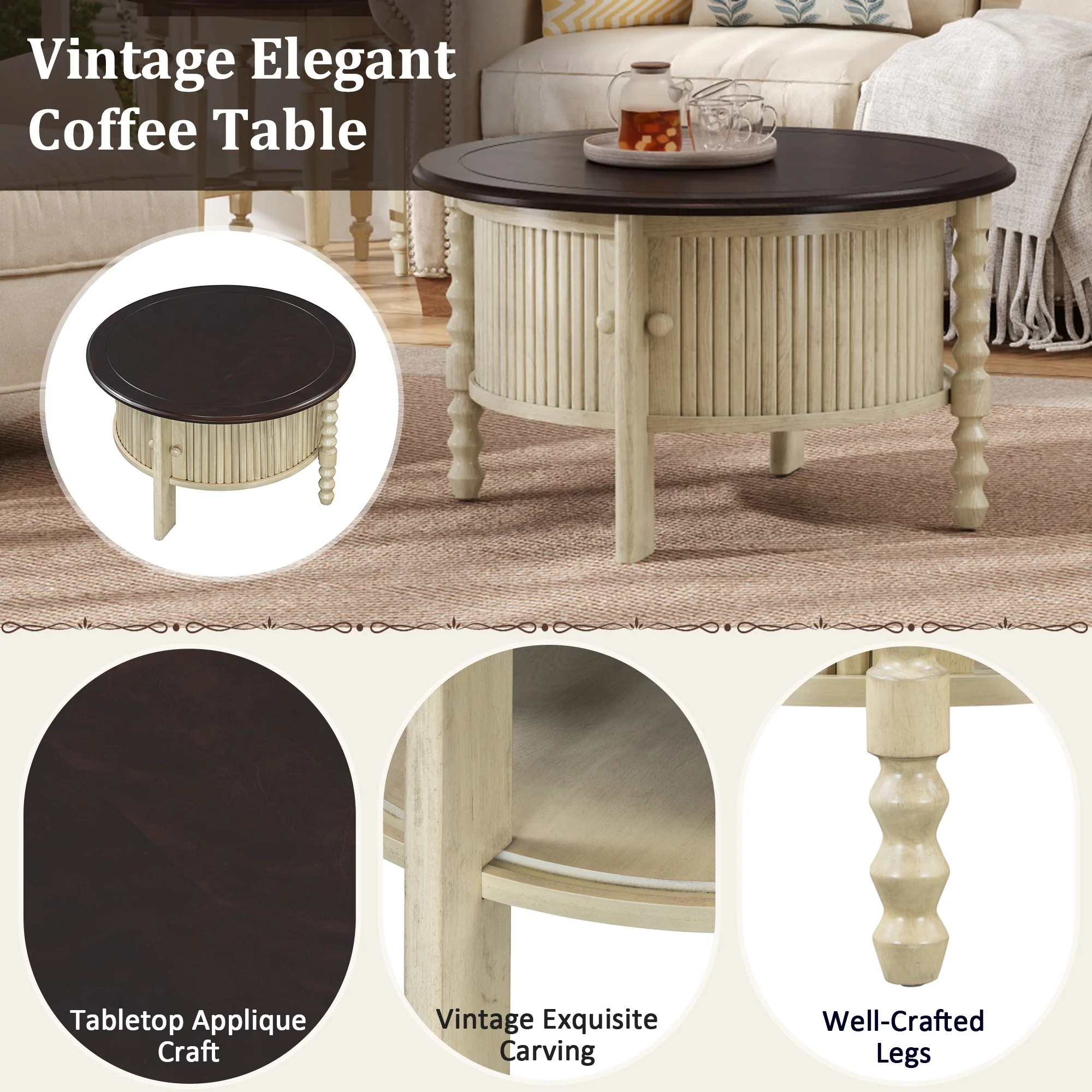 Traditional Design Round 30.3' Coffee Table with Storage Sliding Door - Image 11