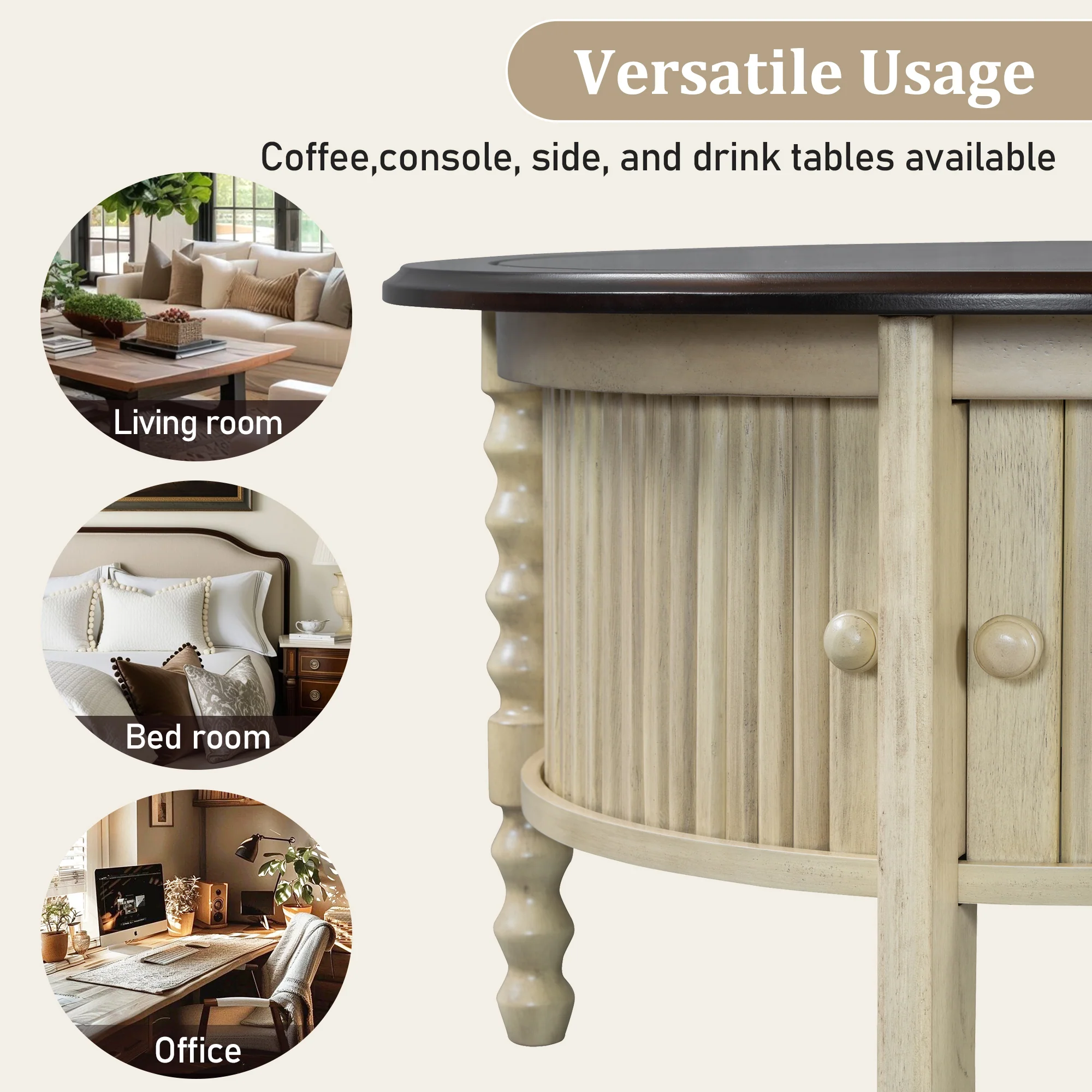 Traditional Design Round 30.3' Coffee Table with Storage Sliding Door - Image 12