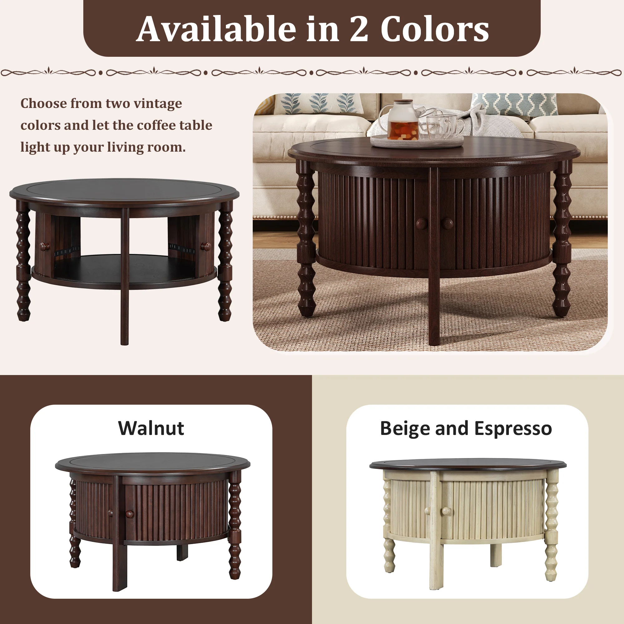 Traditional Design Round 30.3' Coffee Table with Storage Sliding Door - Image 13