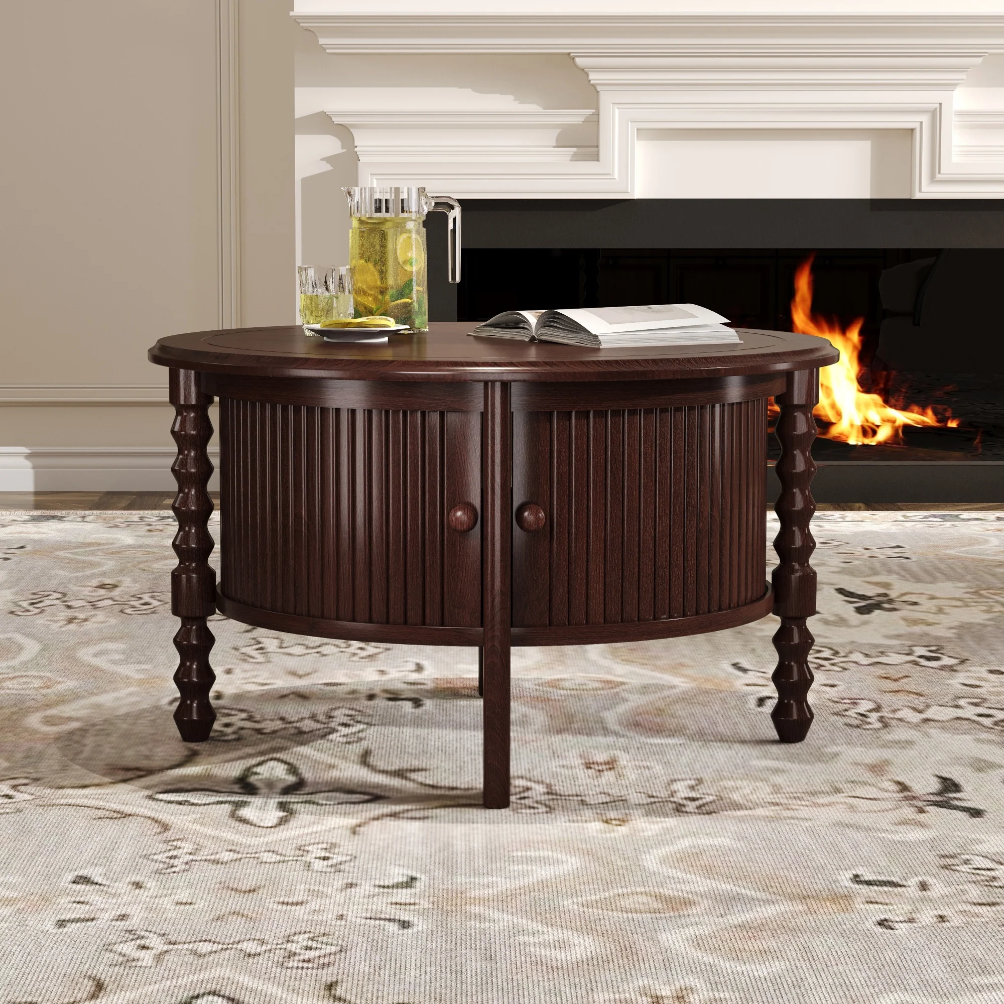 Traditional Design Round 30.3' Coffee Table with Storage Sliding Door - Image 2