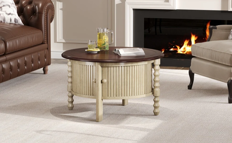 Traditional Design Round 30.3' Coffee Table with Storage Sliding Door - Image 24