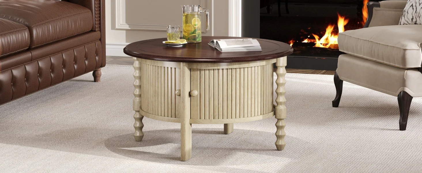 Traditional Design Round 30.3' Coffee Table with Storage Sliding Door - Image 26