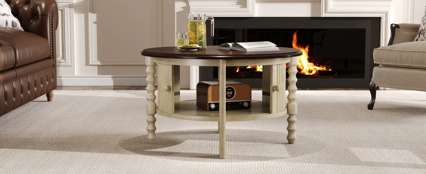 Traditional Design Round 30.3' Coffee Table with Storage Sliding Door - Image 27