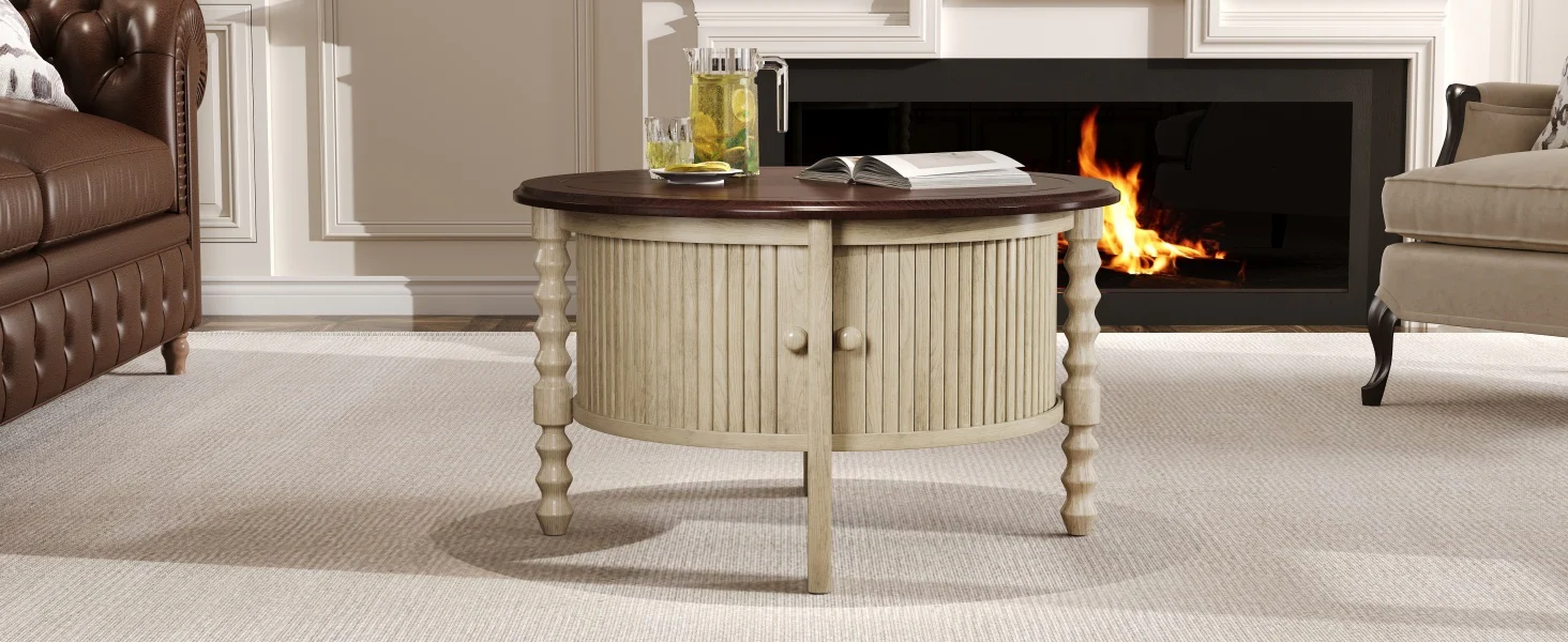 Traditional Design Round 30.3' Coffee Table with Storage Sliding Door - Image 28