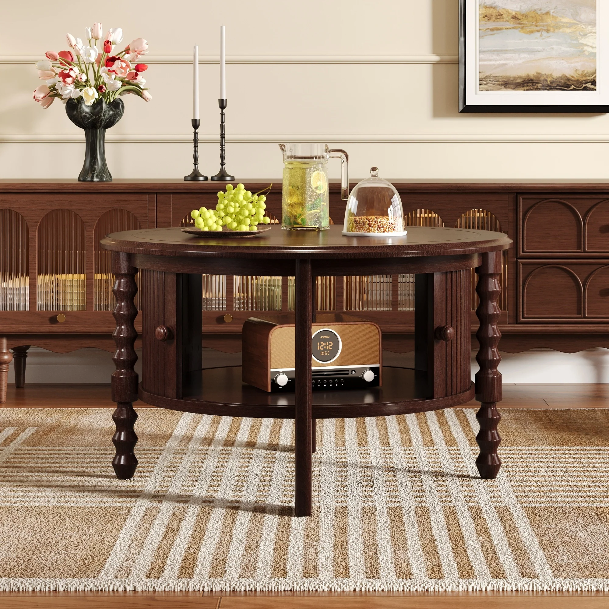Traditional Design Round 30.3' Coffee Table with Storage Sliding Door - Image 29