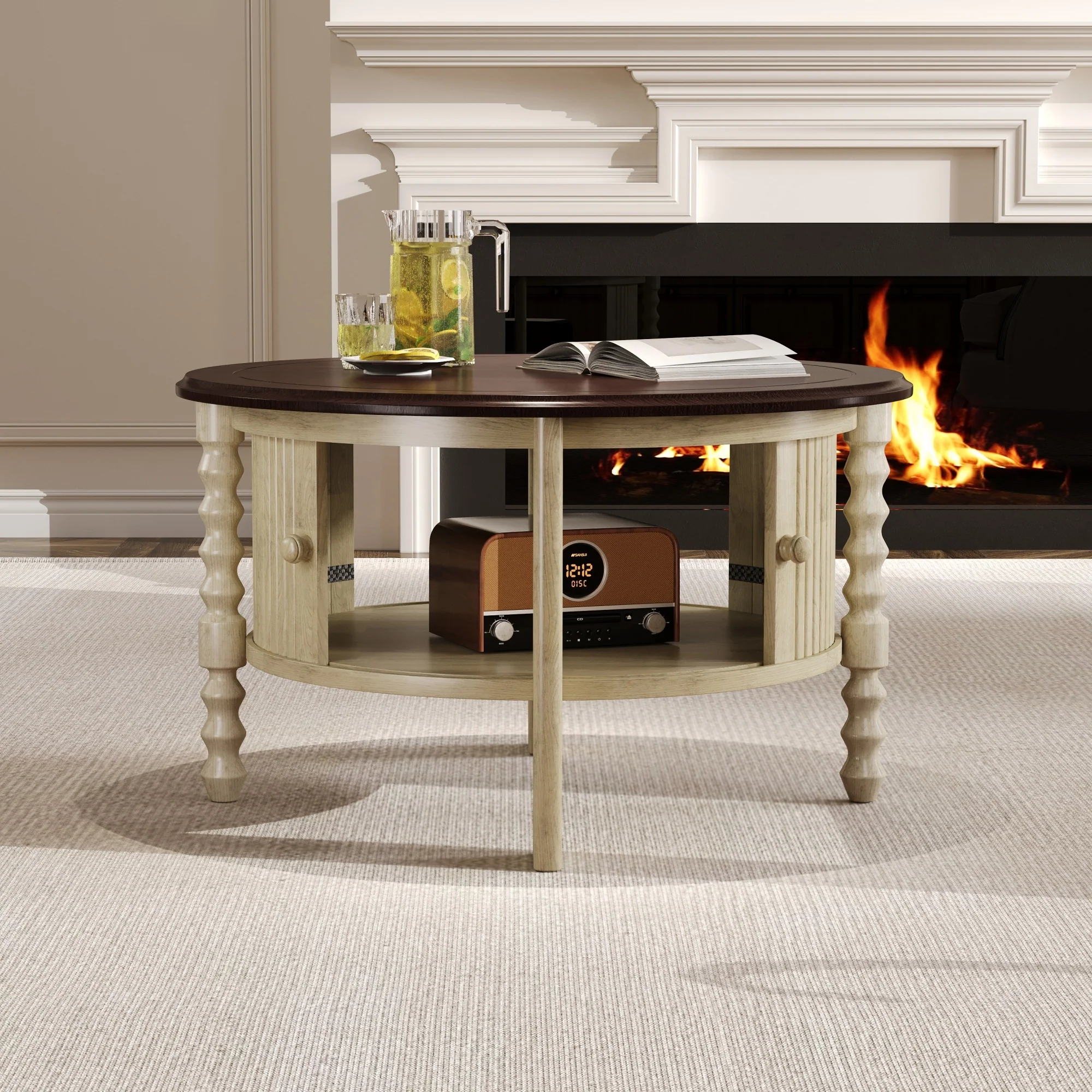 Traditional Design Round 30.3' Coffee Table with Storage Sliding Door - Image 3