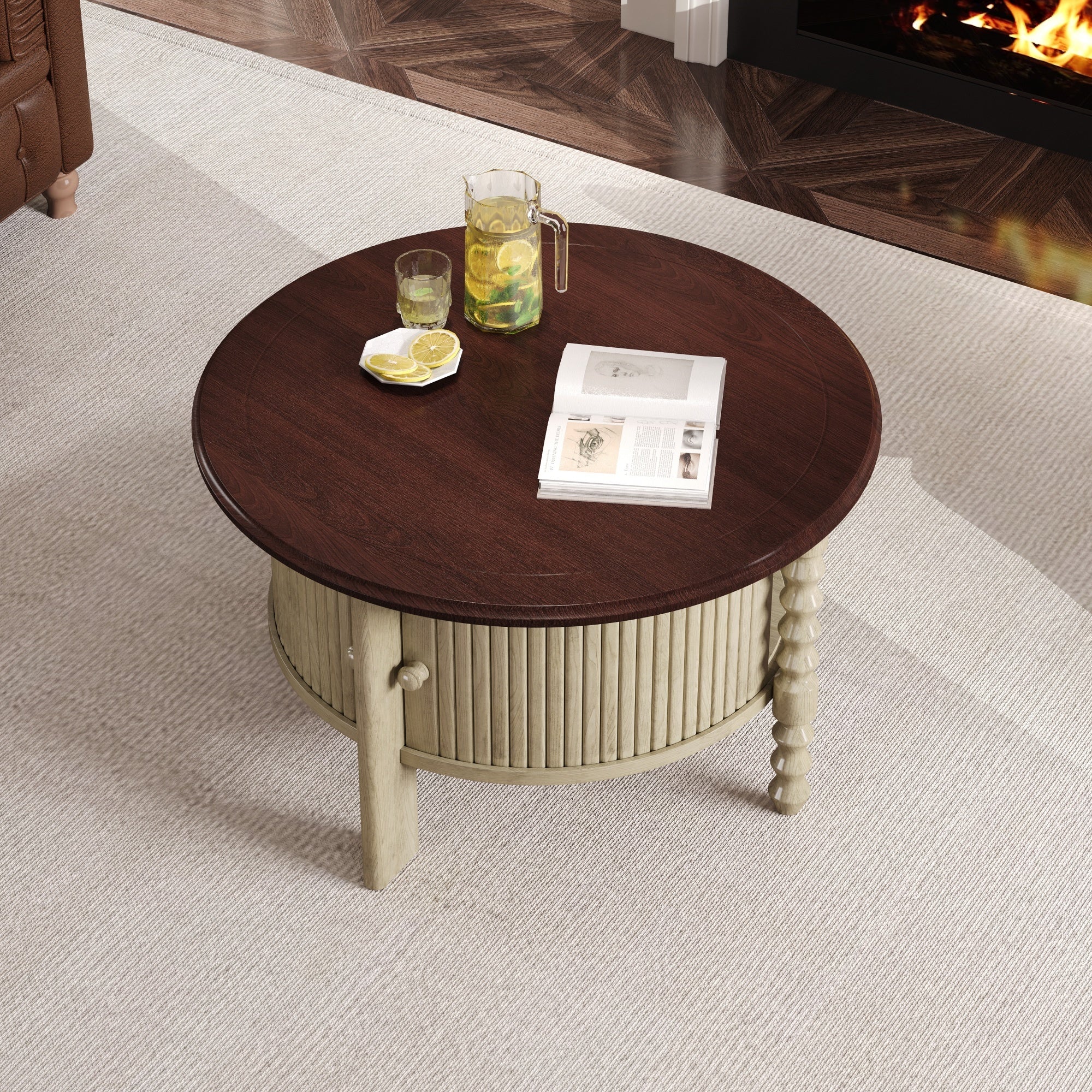 Traditional Design Round 30.3' Coffee Table with Storage Sliding Door - Image 4