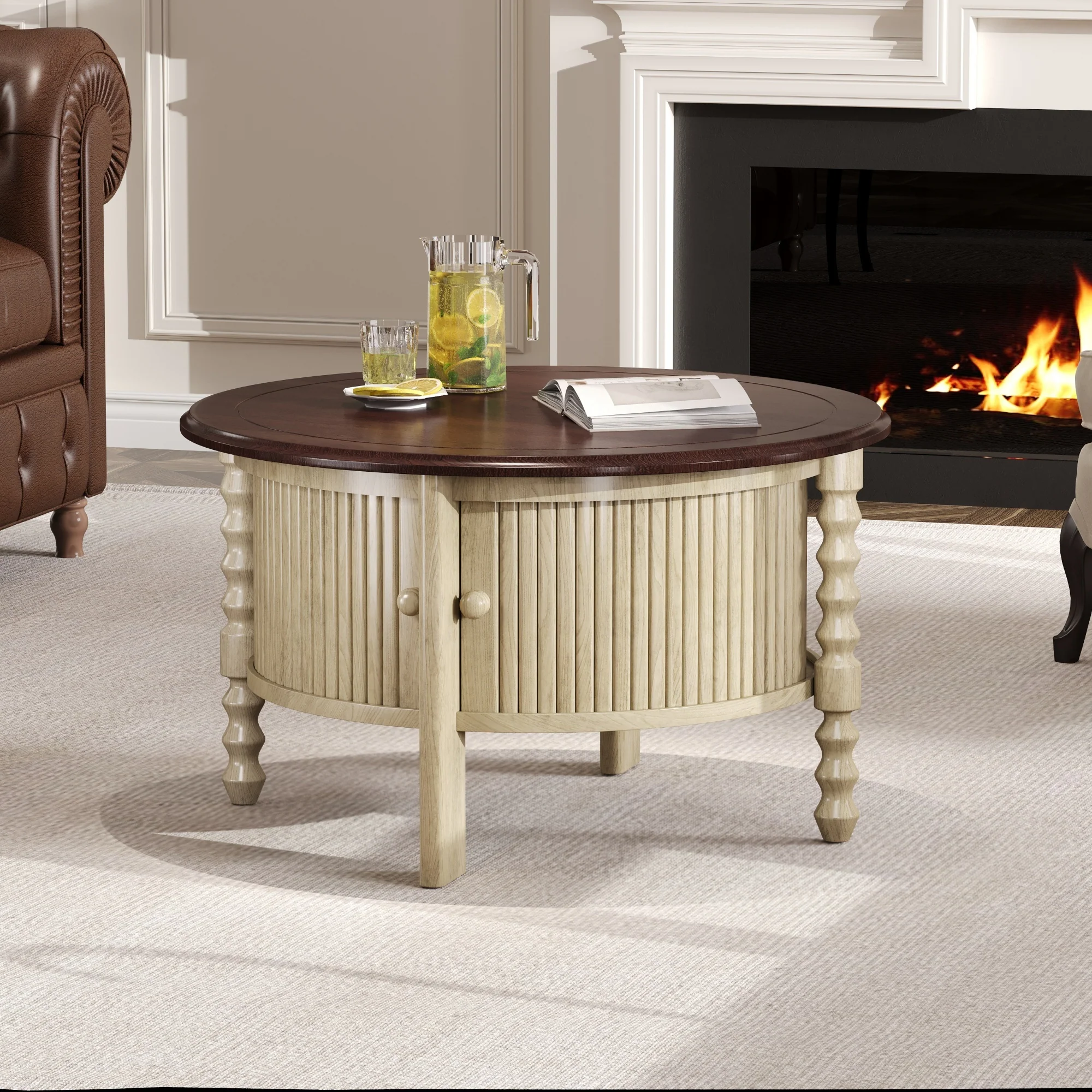 Traditional Design Round 30.3' Coffee Table with Storage Sliding Door - Image 5