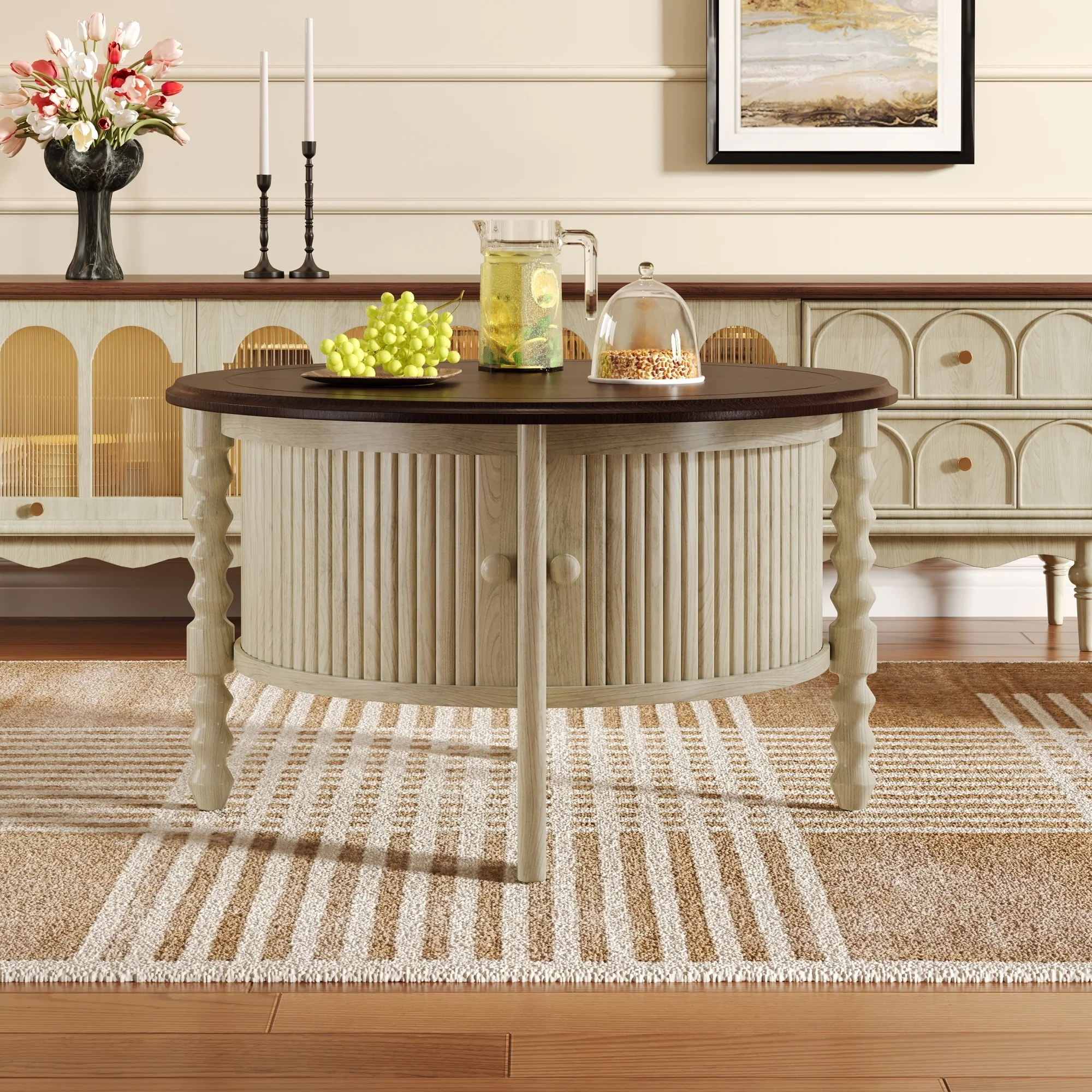 Traditional Design Round 30.3' Coffee Table with Storage Sliding Door - Image 6
