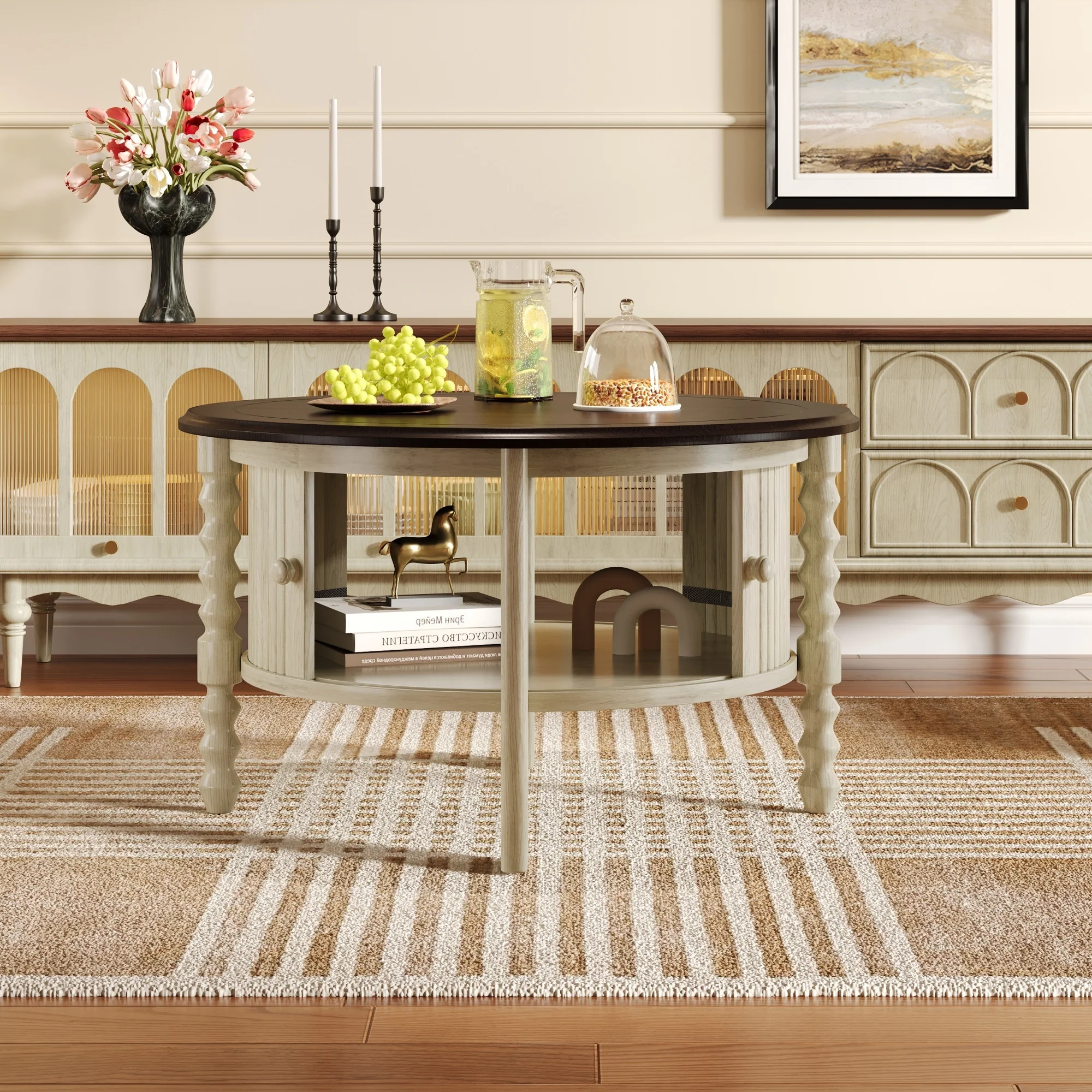 Traditional Design Round 30.3' Coffee Table with Storage Sliding Door - Image 7