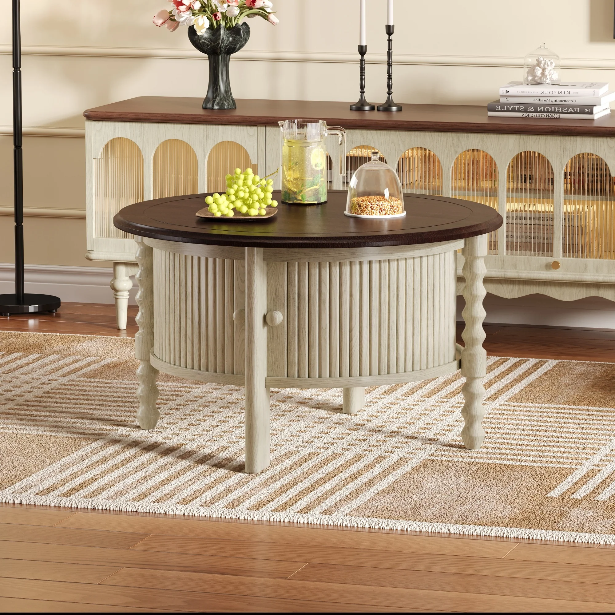 Traditional Design Round 30.3' Coffee Table with Storage Sliding Door - Image 8