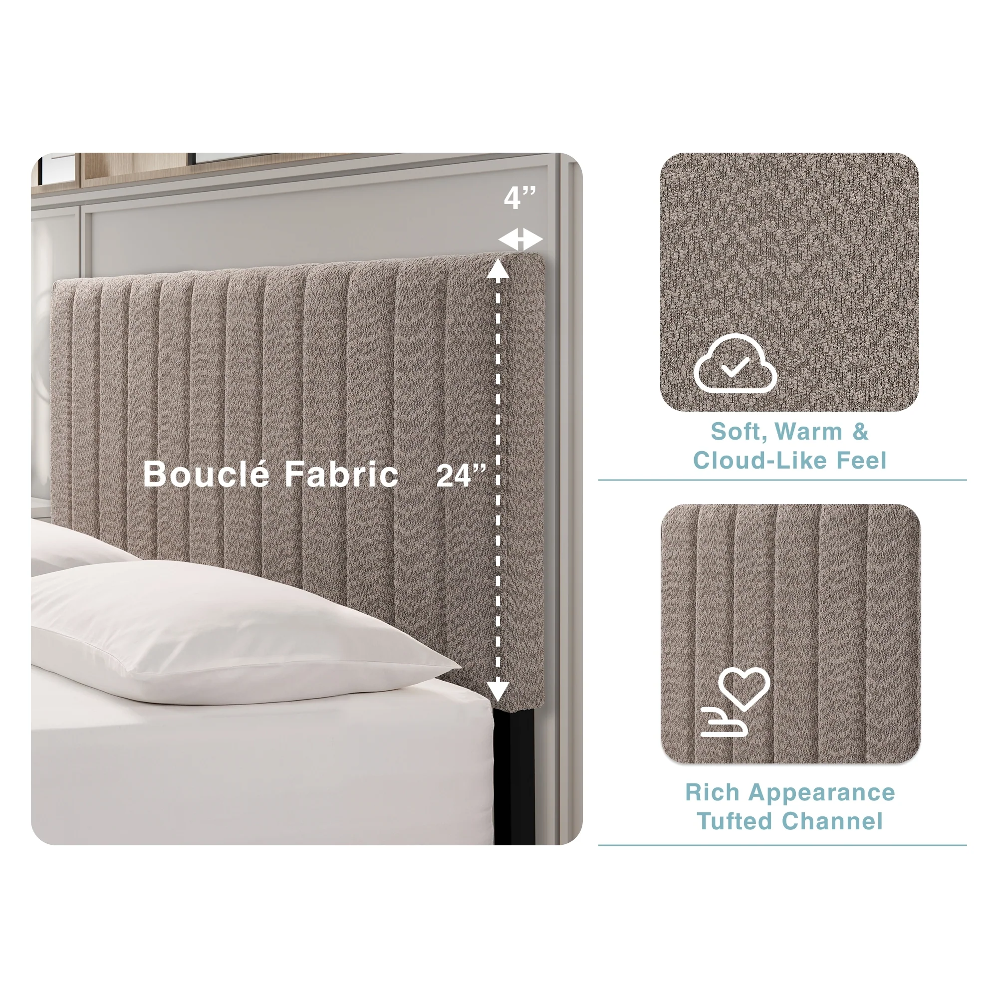 Tufted Boucle Upholstered Gray Queen Platform Bedframe - Image 2