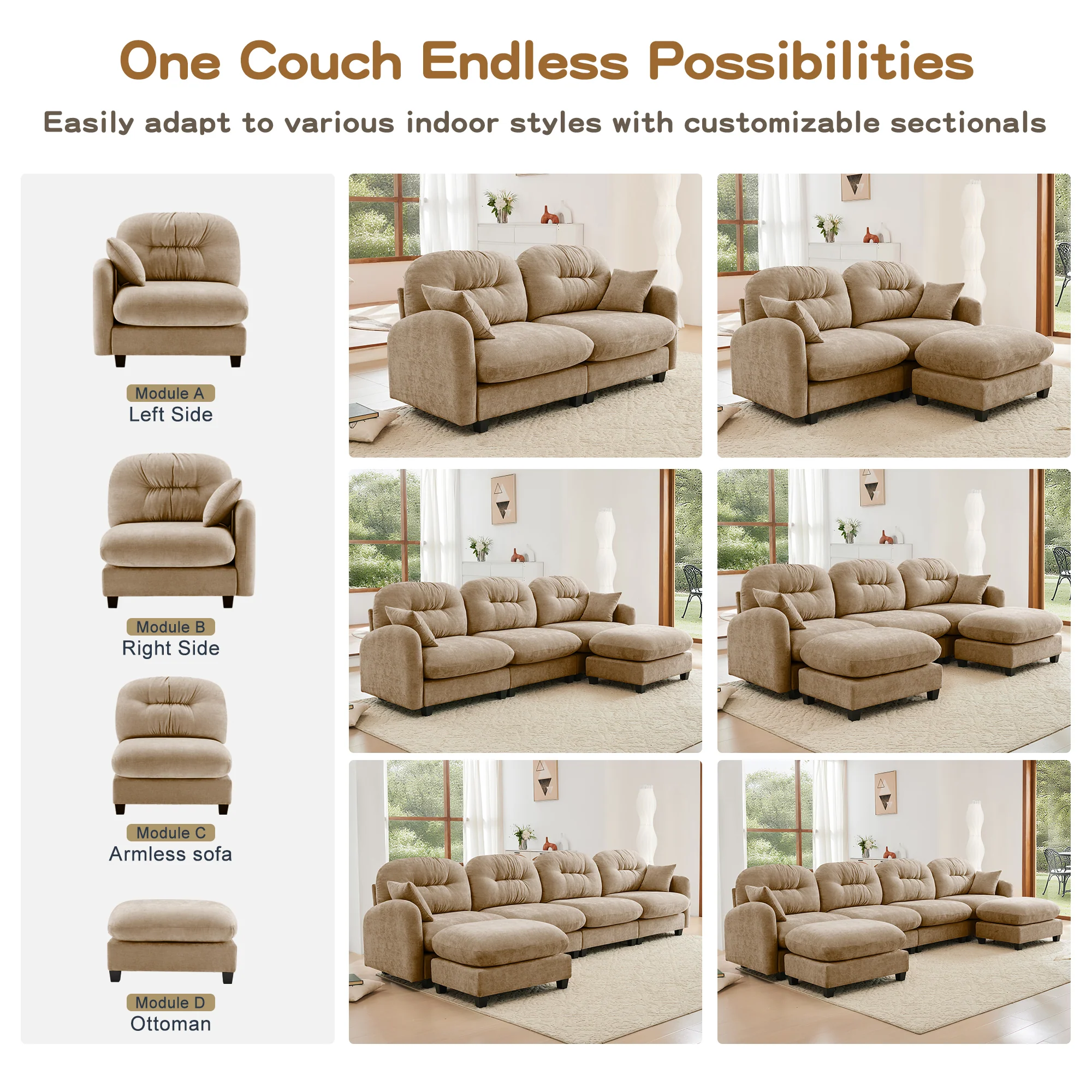 Tufted Chenille Cloud Loveseat Sectional Sofa Couch with Ottoman - Image 11