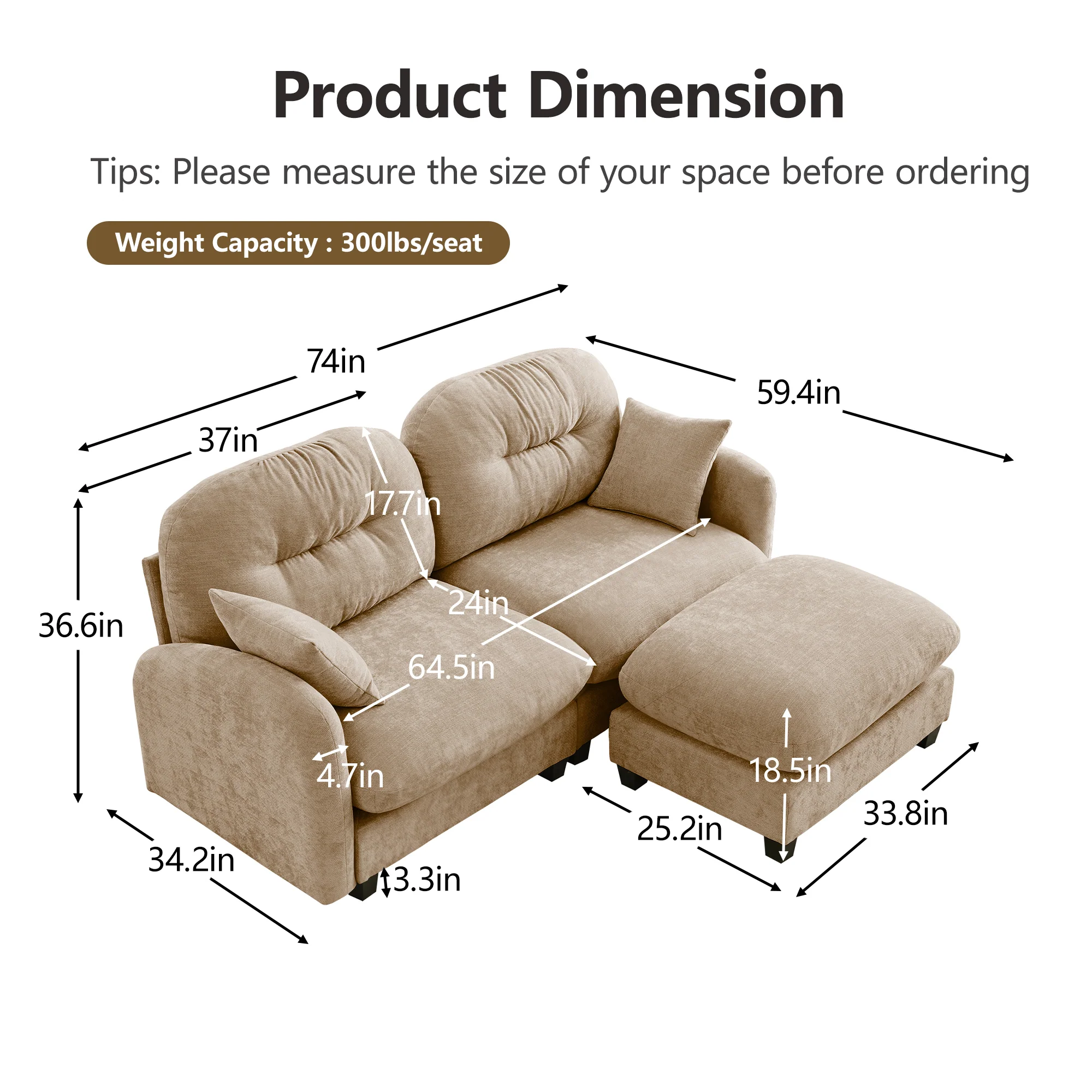 Tufted Chenille Cloud Loveseat Sectional Sofa Couch with Ottoman - Image 13