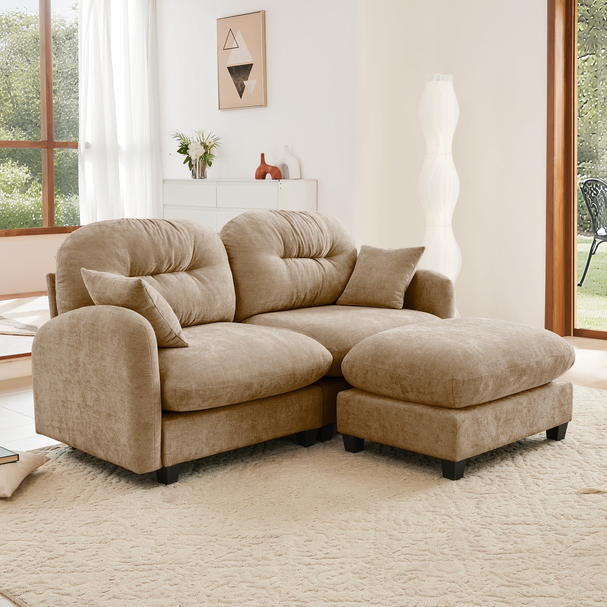 Tufted Chenille Cloud Loveseat Sectional Sofa Couch with Ottoman - Image 2