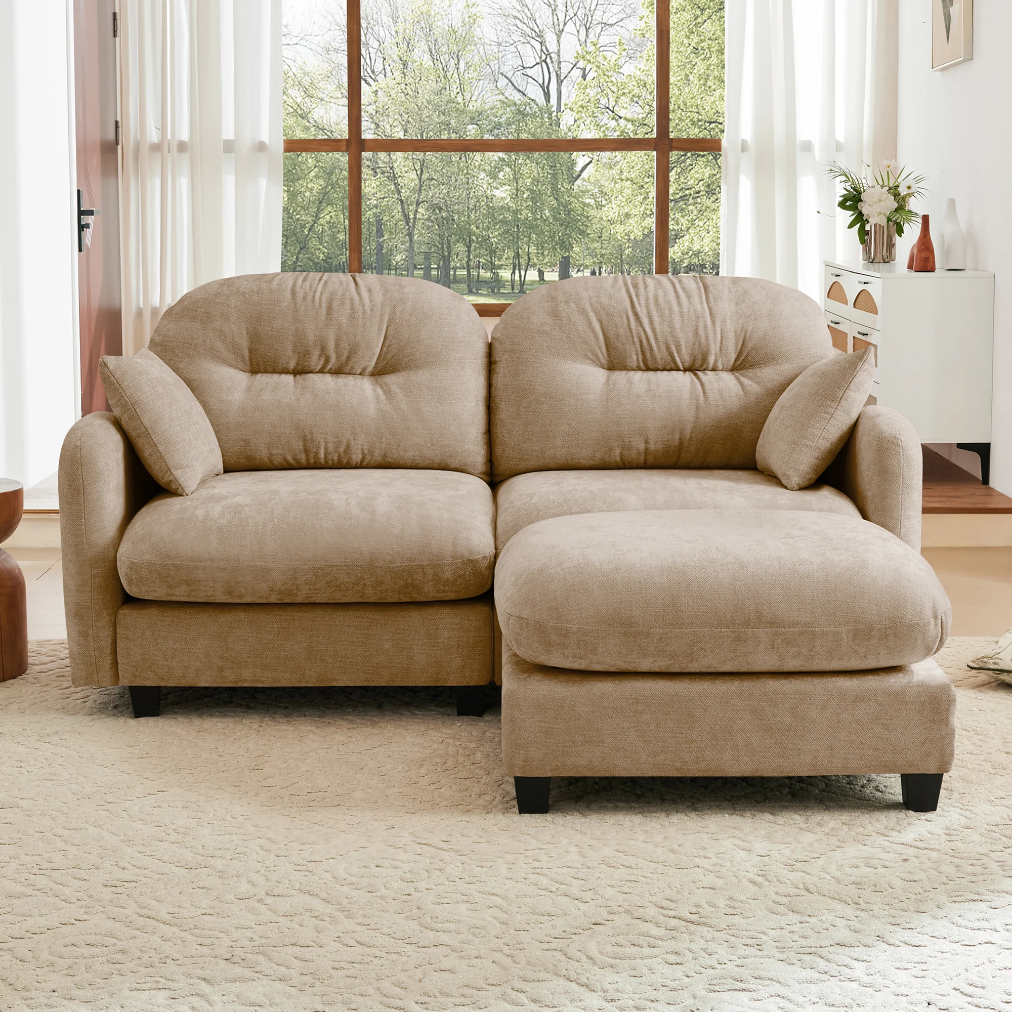 Tufted Chenille Cloud Loveseat Sectional Sofa Couch with Ottoman - Image 3