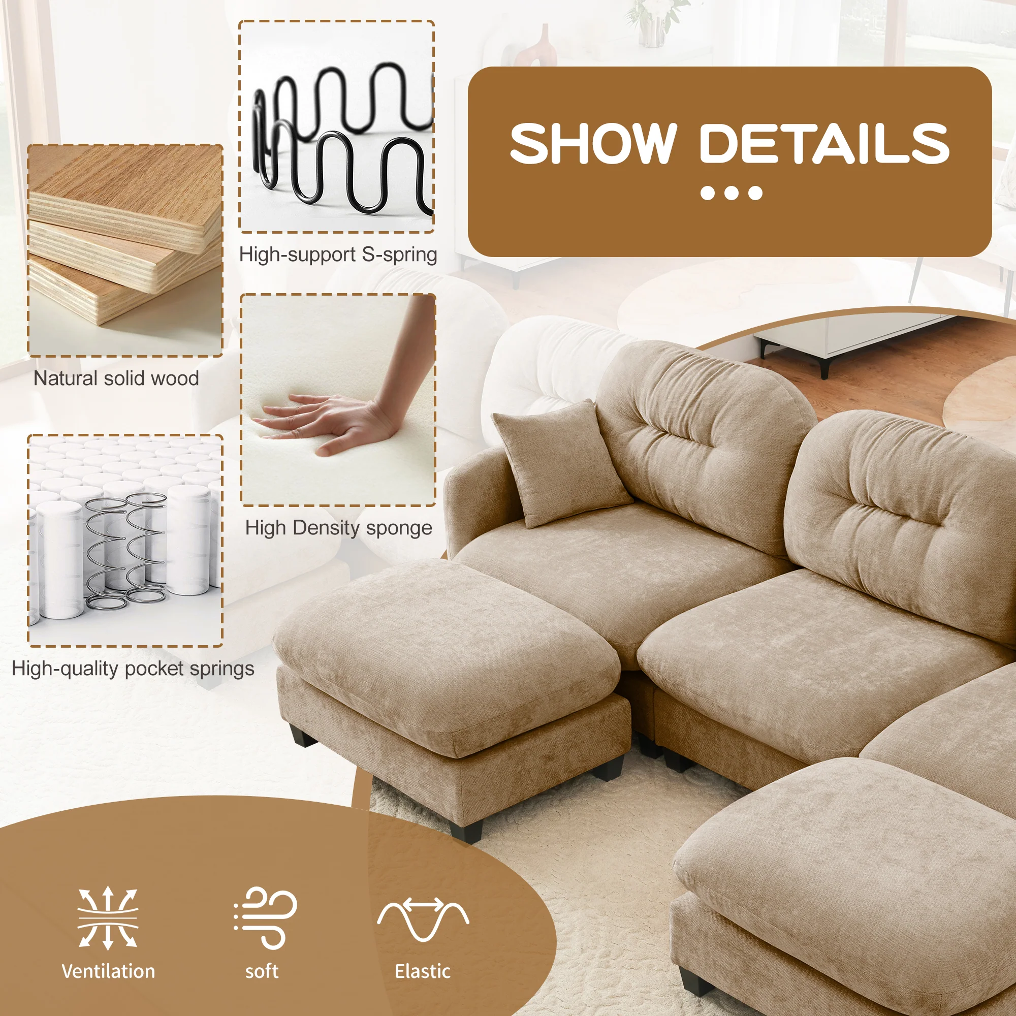 Tufted Chenille Cloud Loveseat Sectional Sofa Couch with Ottoman - Image 5