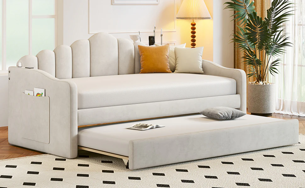 Walker Edison | Velvet Twin Size Sofa Bed with Trundle and USB Charging Ports - Image 14