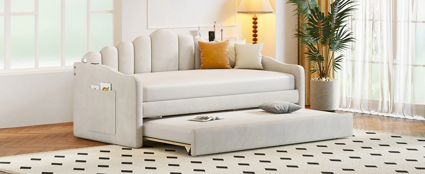 Walker Edison | Velvet Twin Size Sofa Bed with Trundle and USB Charging Ports - Image 16
