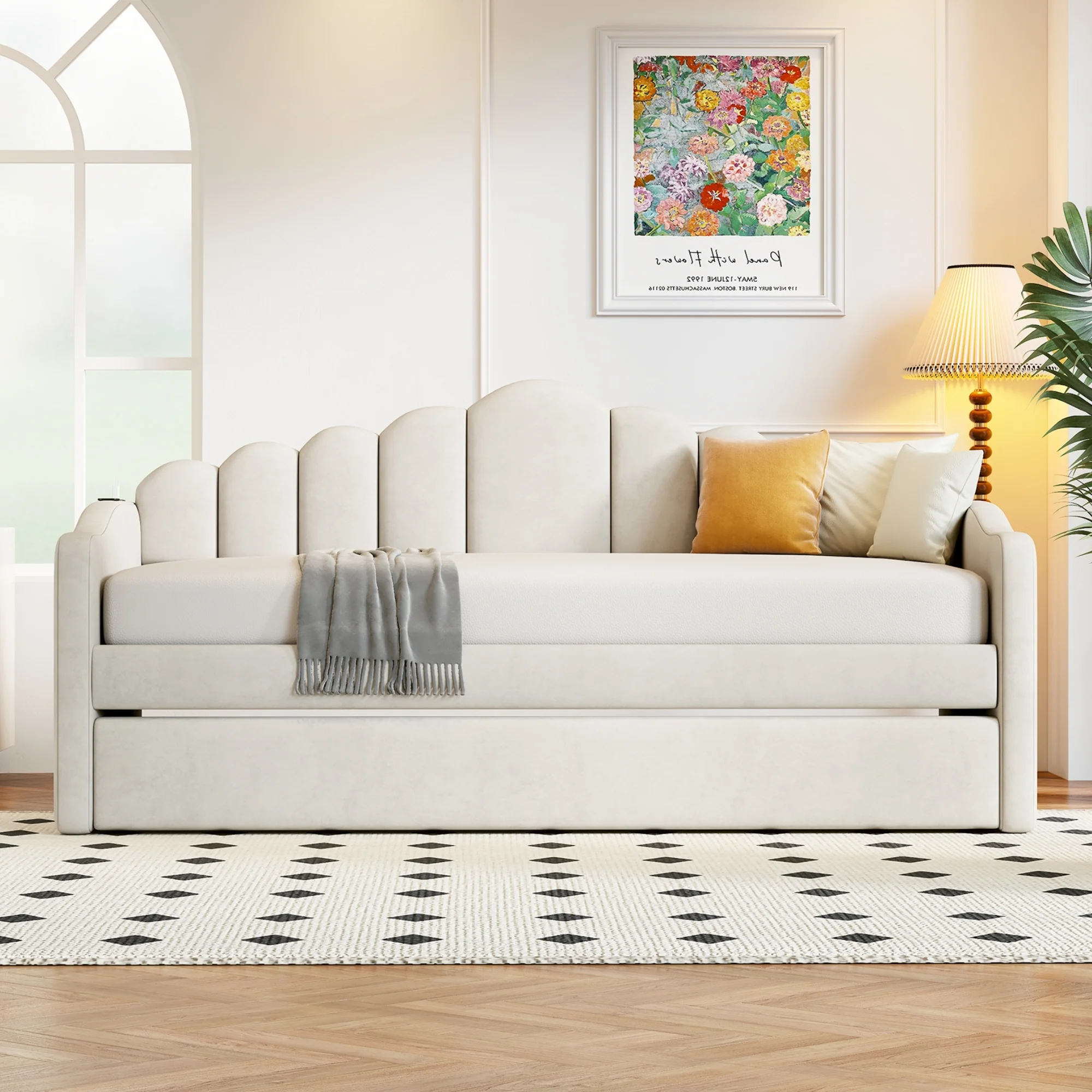 Walker Edison | Velvet Twin Size Sofa Bed with Trundle and USB Charging Ports - Image 2