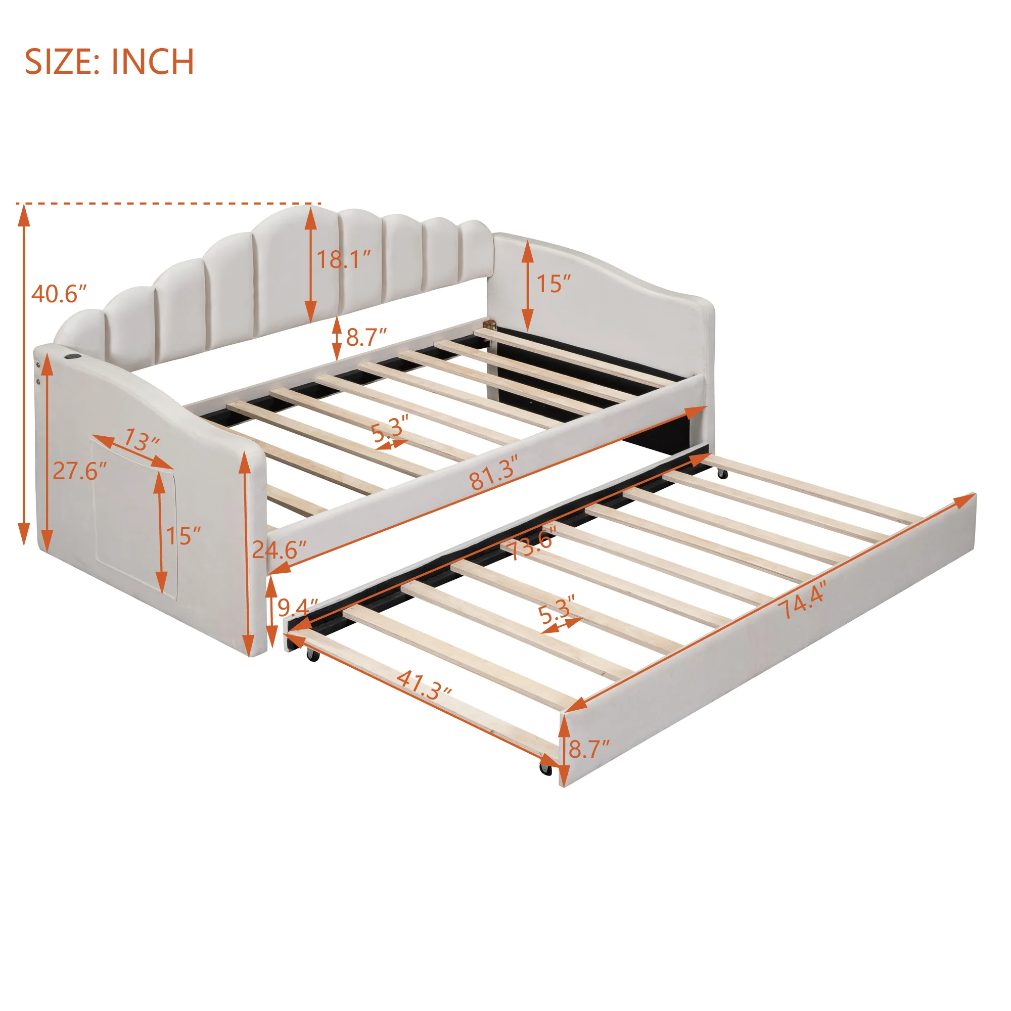 Walker Edison | Velvet Twin Size Sofa Bed with Trundle and USB Charging Ports - Image 3