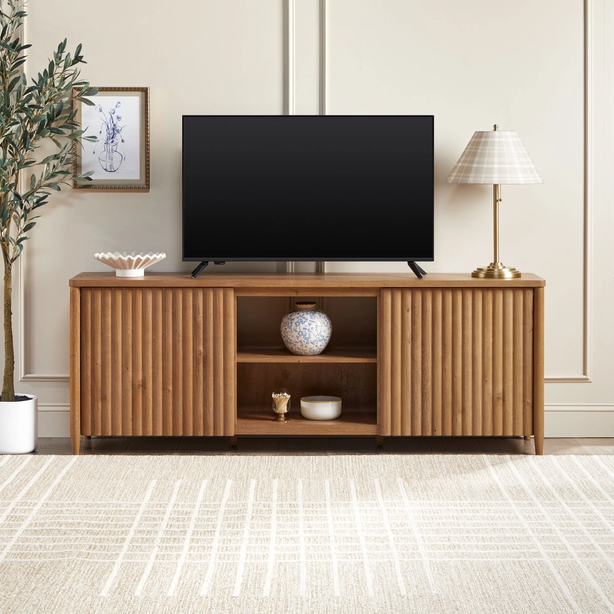 Flynn Scandinavian Reeded TV Stand with Storage - Image 23