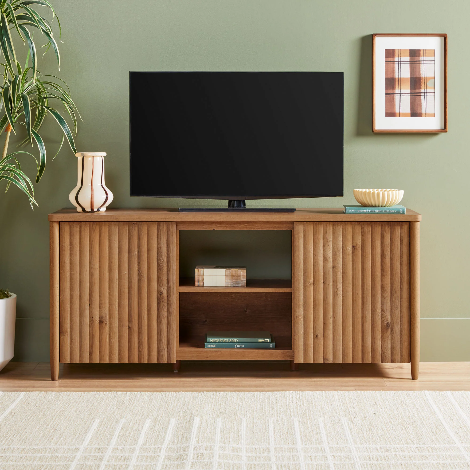Flynn Scandinavian Reeded TV Stand with Storage - Image 5