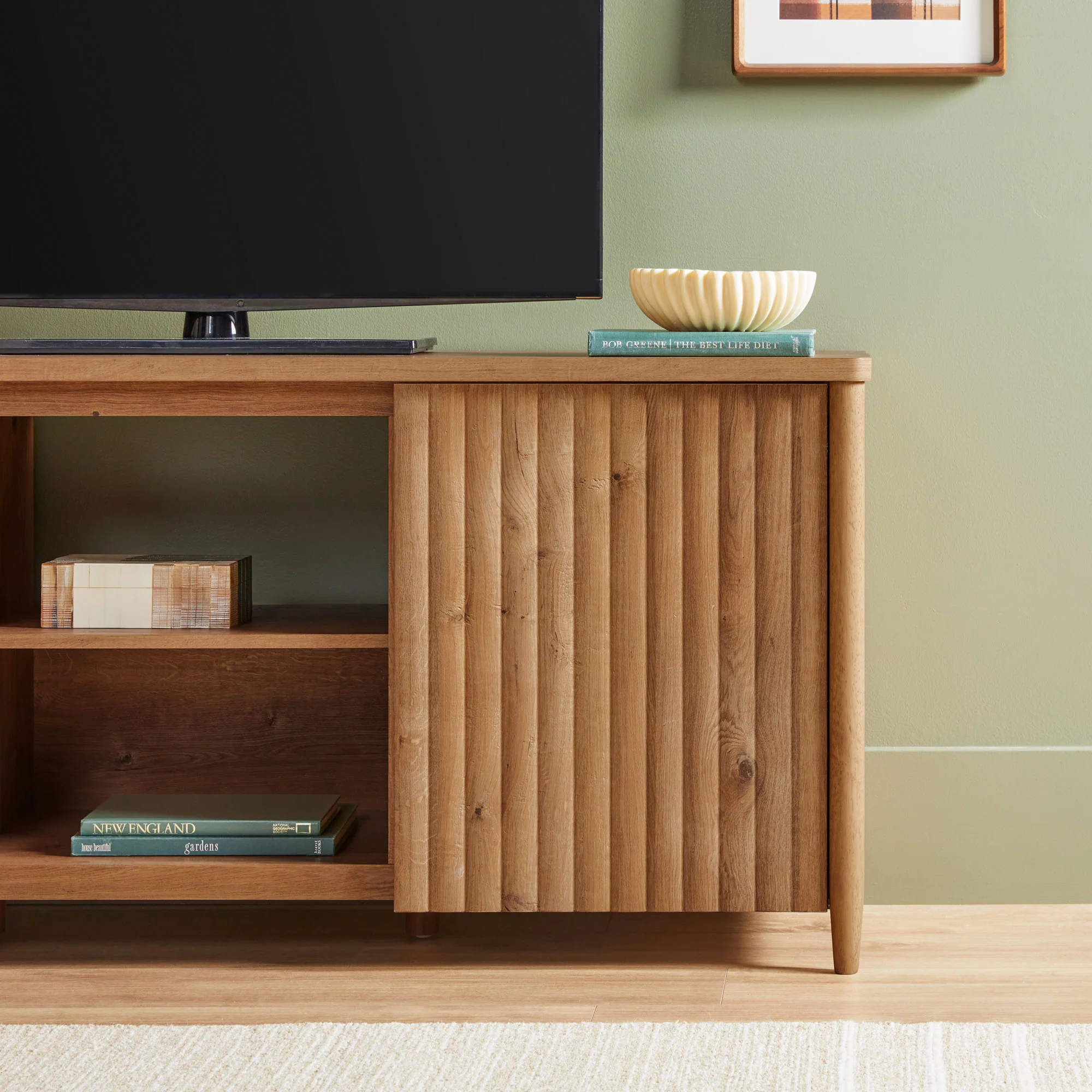 Flynn Scandinavian Reeded TV Stand with Storage - Image 9