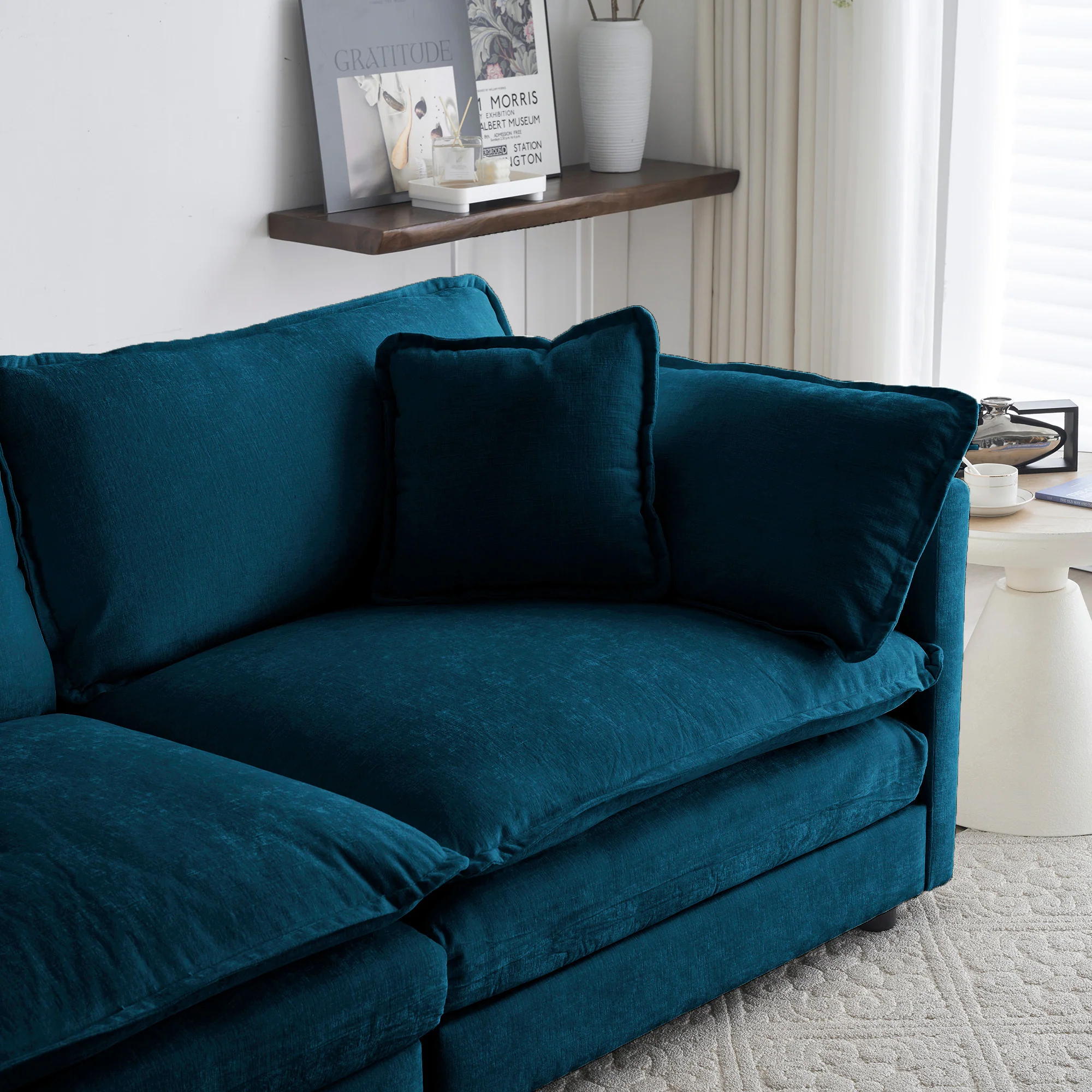 Walker Edison | Teal Cloud Chenille Two-Seater Loveseat Sofa with Ottoman - Image 10