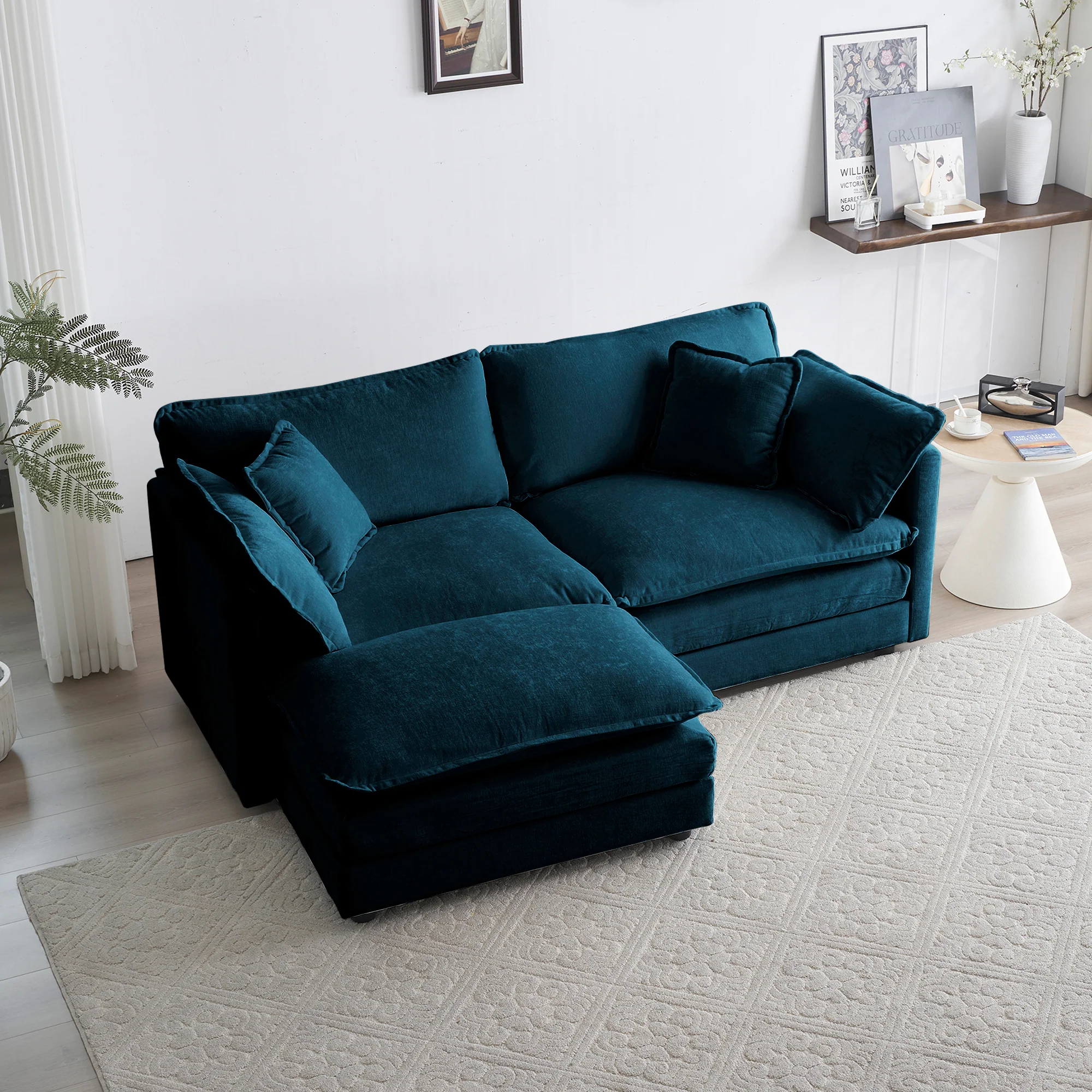 Walker Edison | Teal Cloud Chenille Two-Seater Loveseat Sofa with Ottoman - Image 2