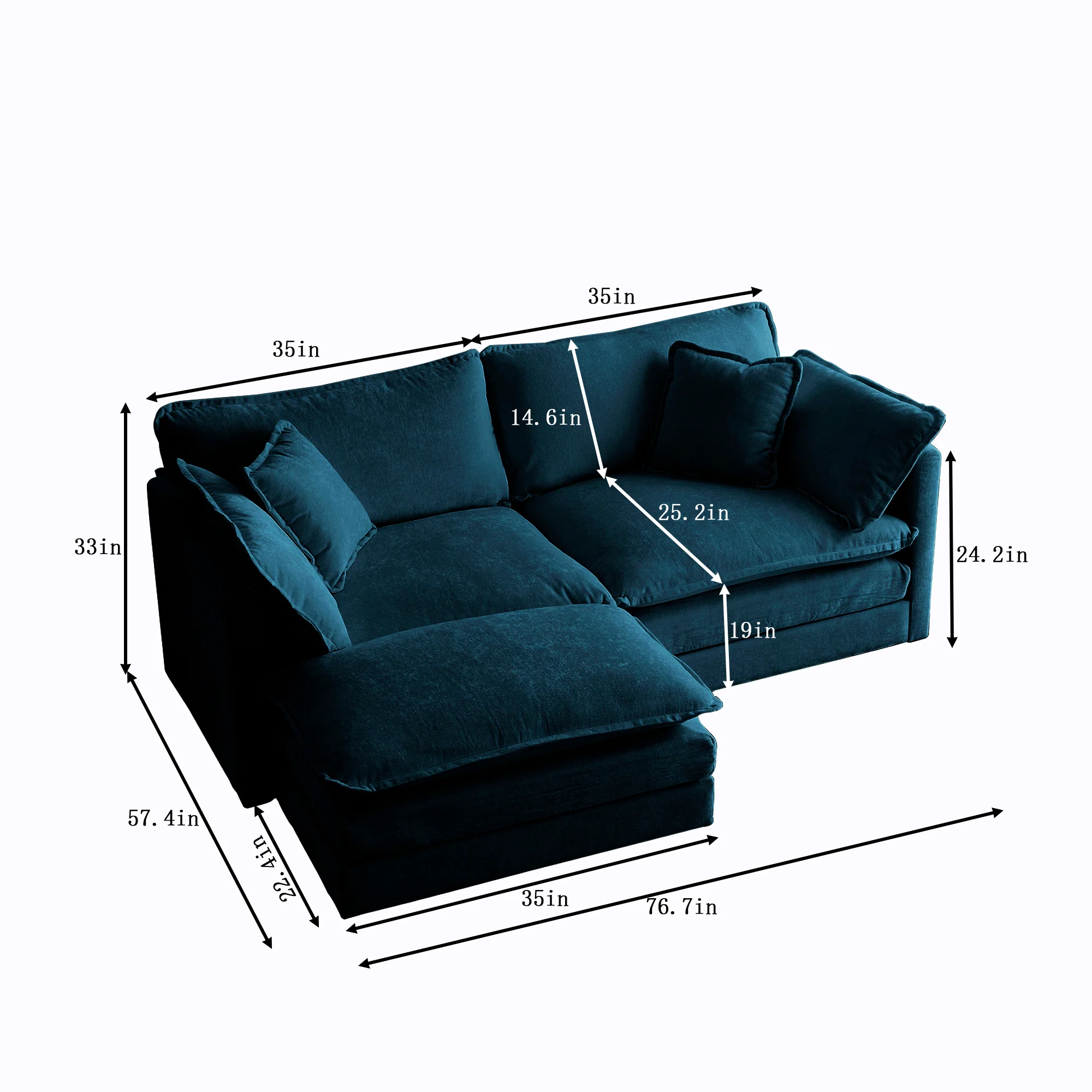 Walker Edison | Teal Cloud Chenille Two-Seater Loveseat Sofa with Ottoman - Image 5