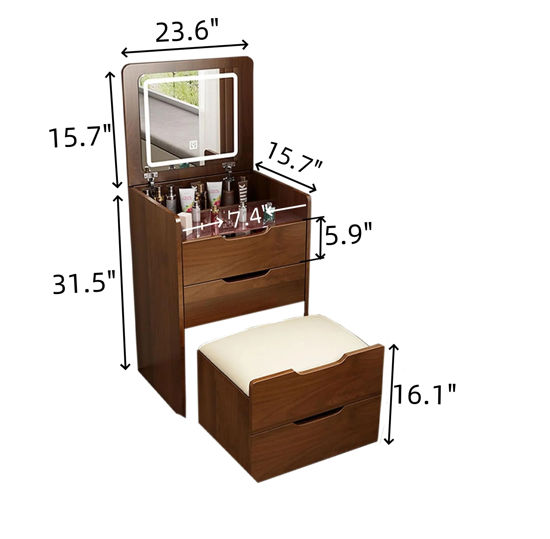 Walker Edison | Walnut 3 in 1 Vanity Desk with Flip Top Mirror & Cushioned Stool - Image 4