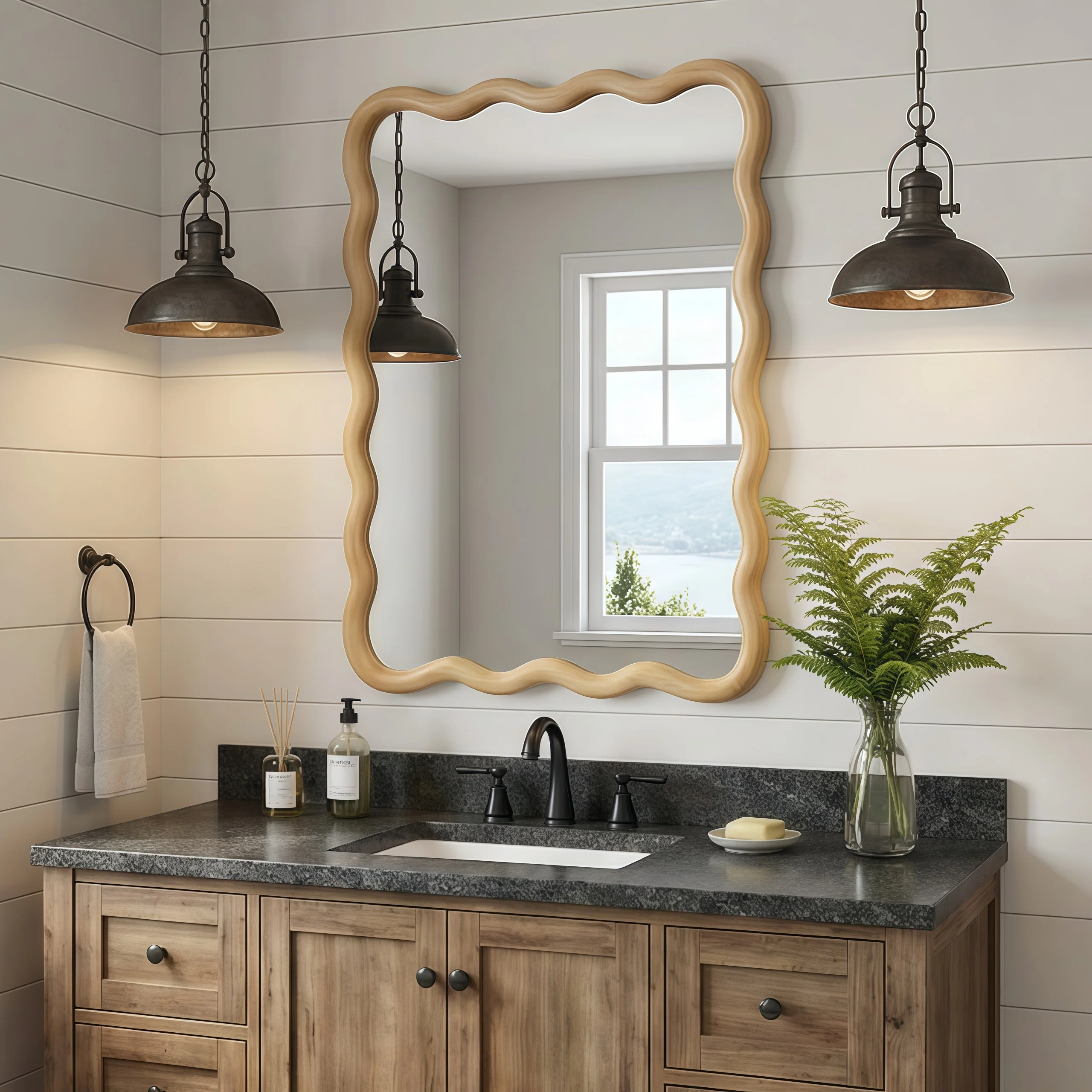 Wavy Rectangle Solid Wood Frame Decorative Mirror - Image 2