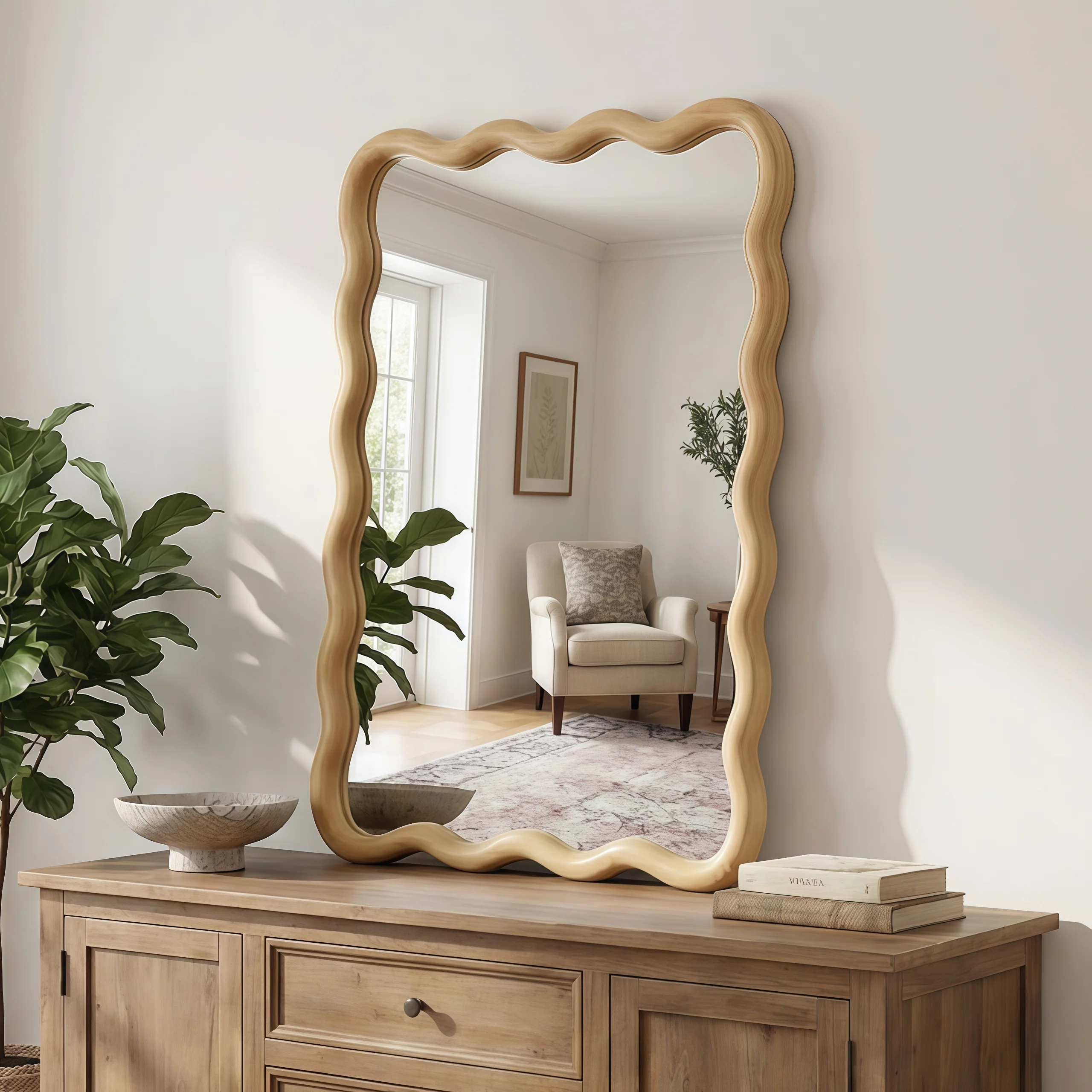 Wavy Rectangle Solid Wood Frame Decorative Mirror - Image 3