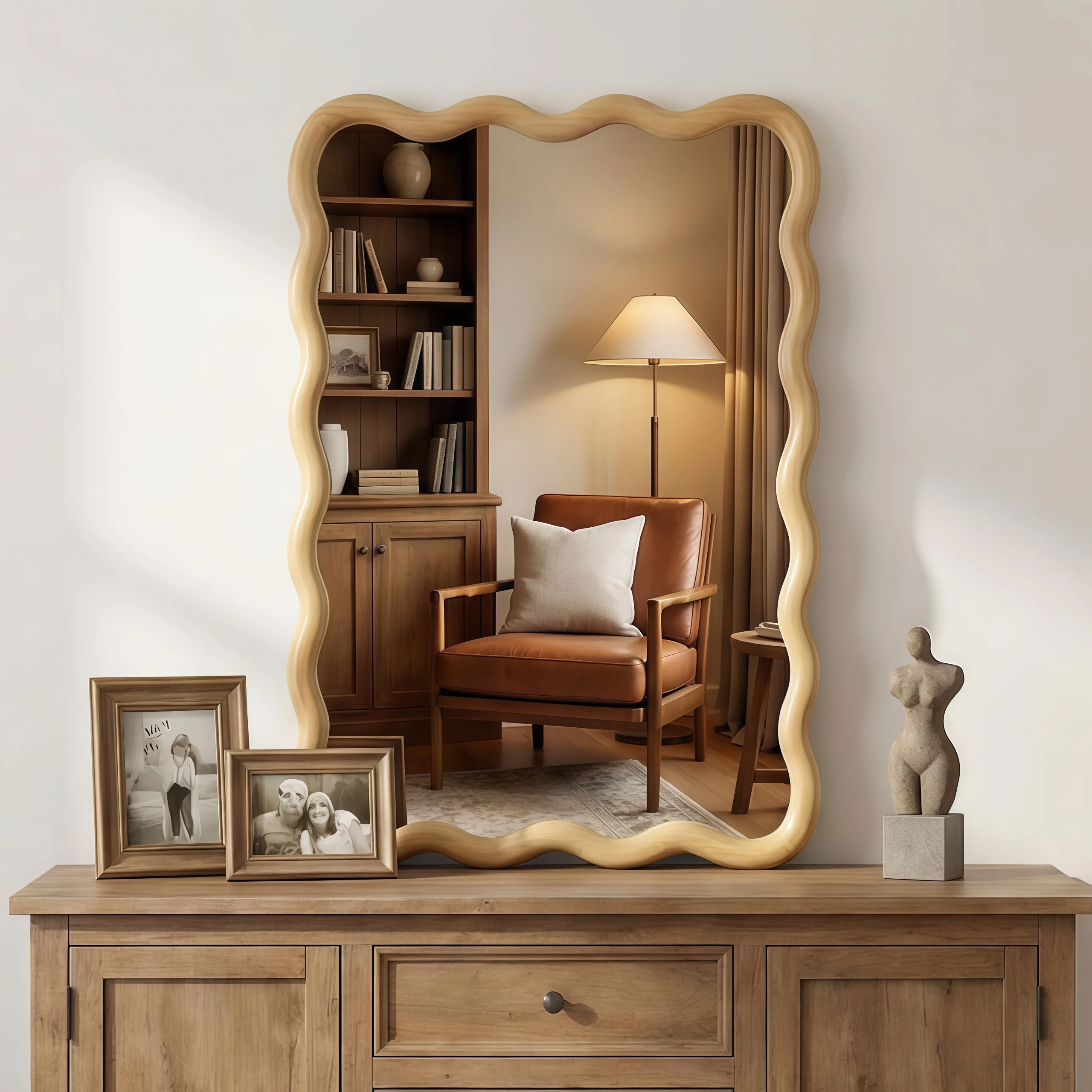 Wavy Rectangle Solid Wood Frame Decorative Mirror - Image 9