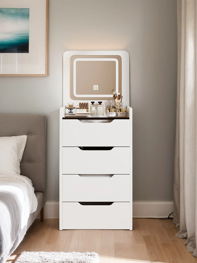 Walker Edison | White 3 in 1 Vanity Desk Set with Flip Top Mirror & Storage - Image 5