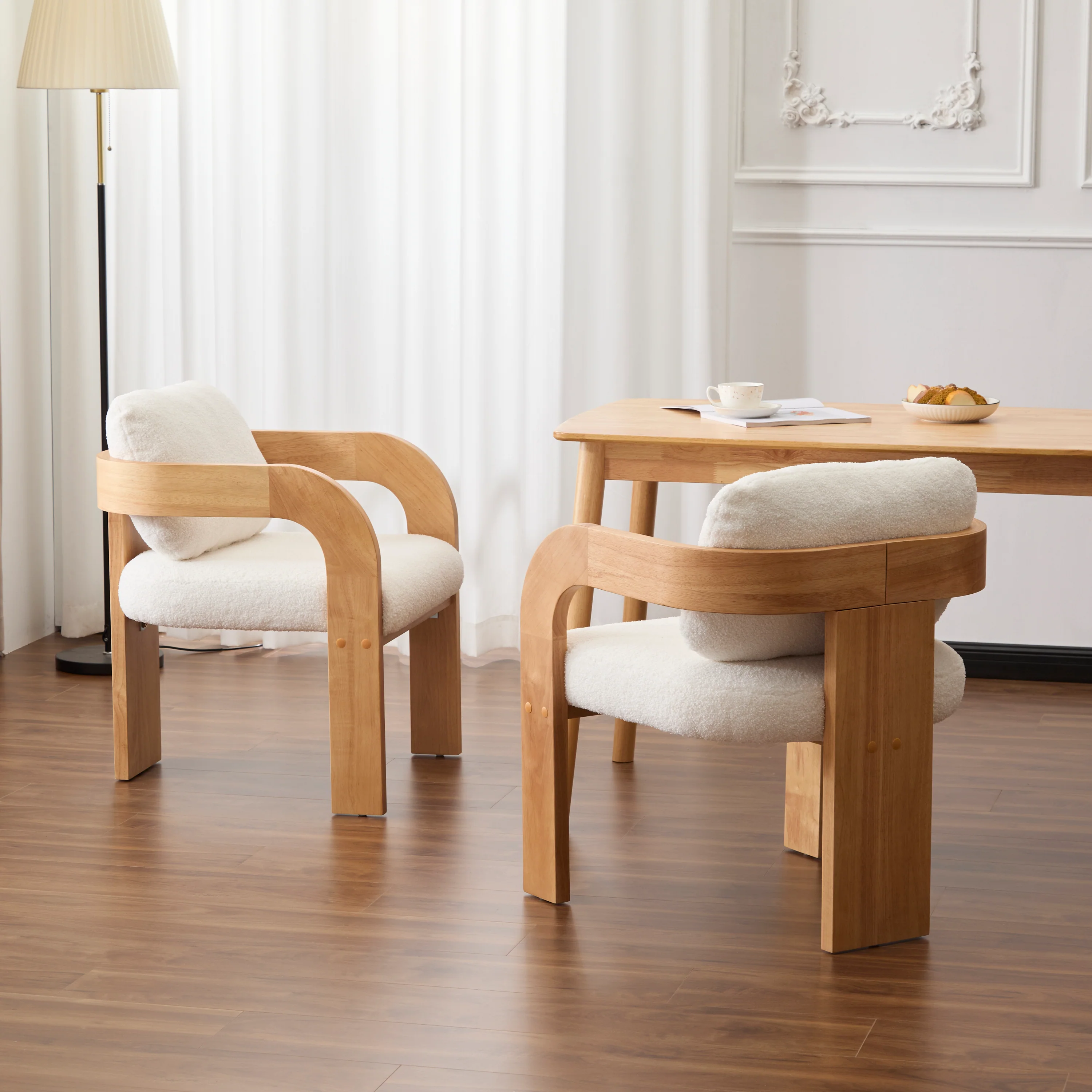 White Boucle 2 Pack Dining Chairs with Pillow Back and Solid Wood Frame