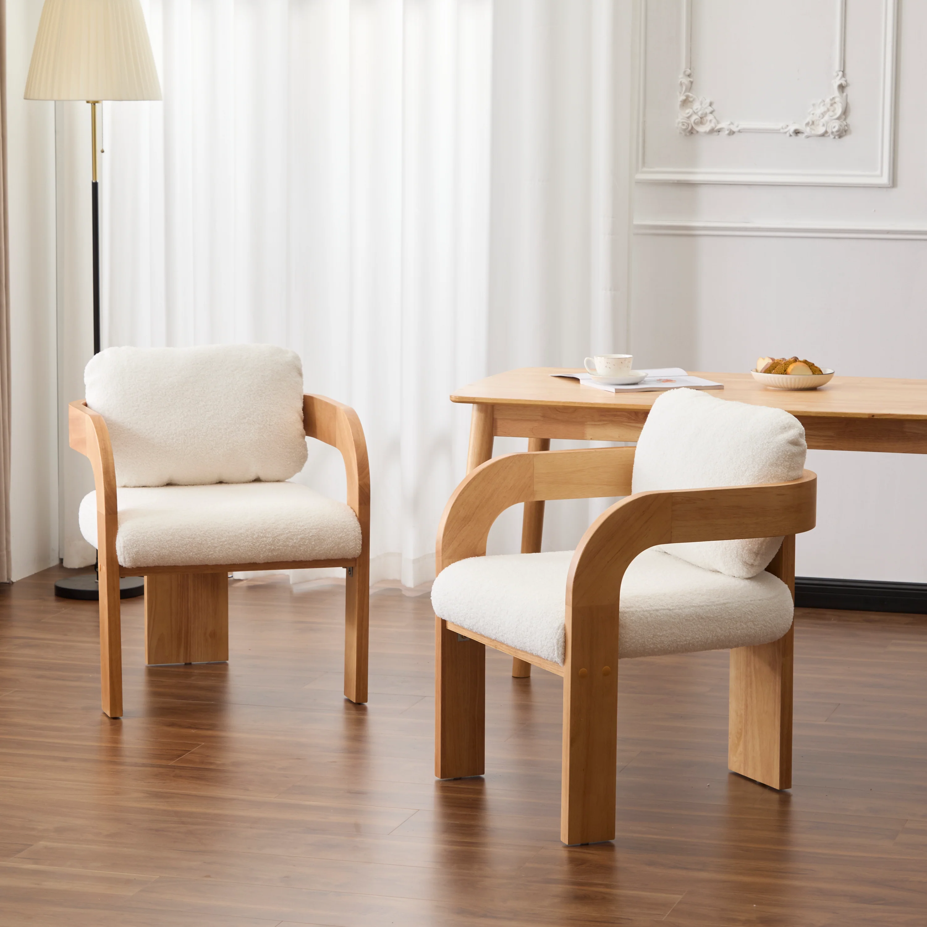 White Boucle 2 Pack Dining Chairs with Pillow Back and Solid Wood Frame - Image 2