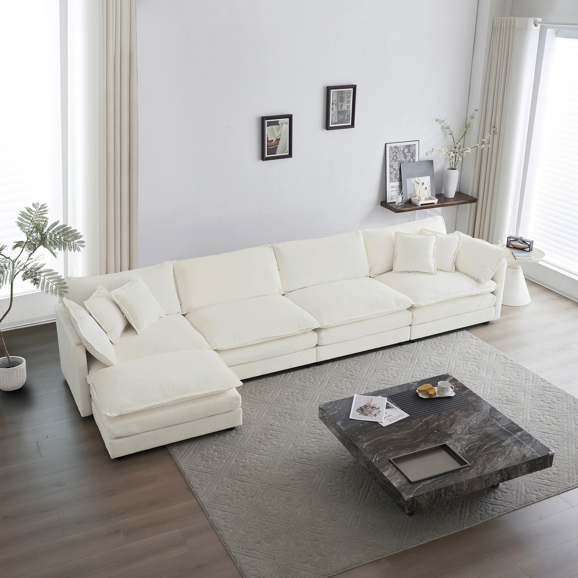 White Chenille Modular 146" Sectional Sofa with Ottoman